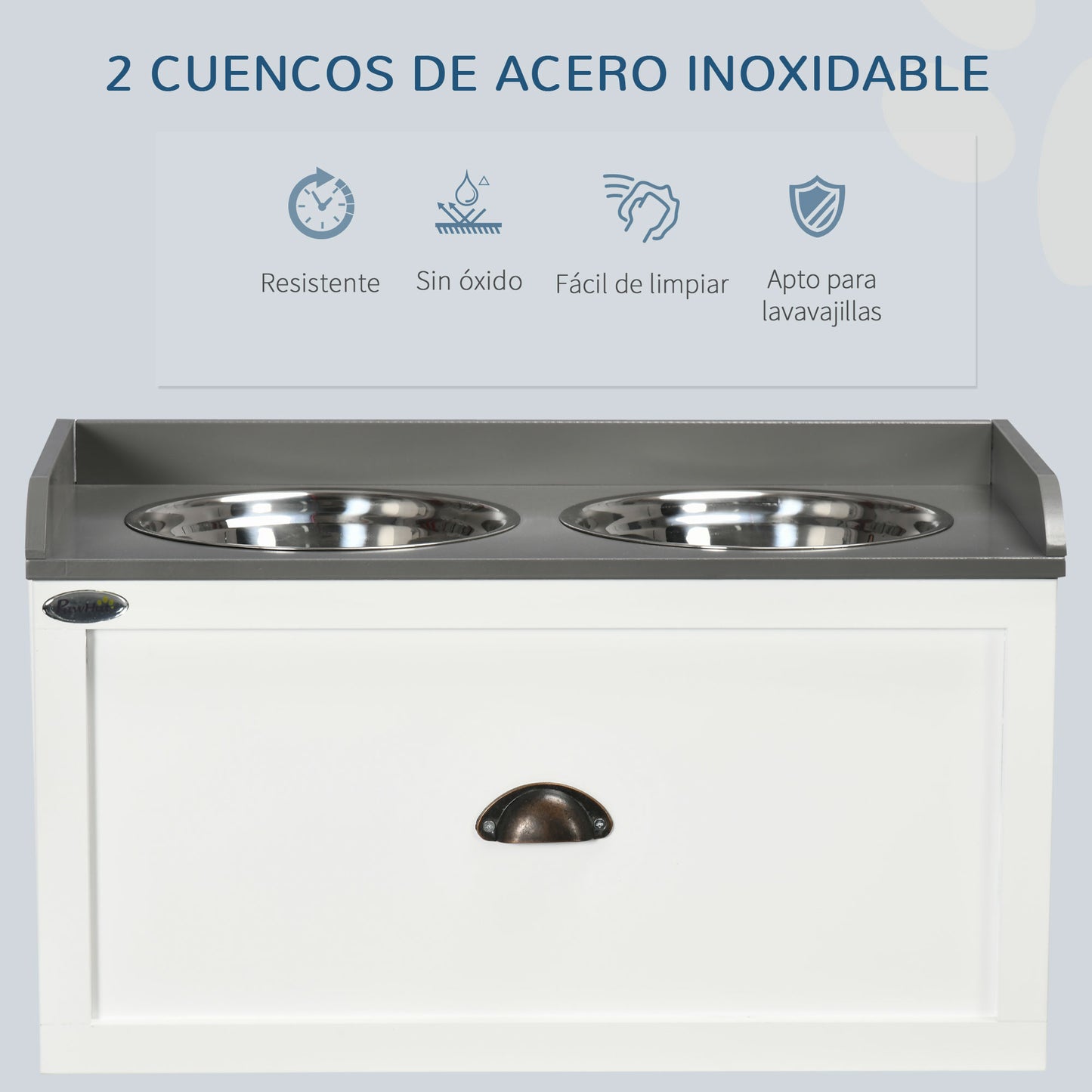 PawHut Comedero Elevado para Perros Grandes Cuencos para Perros con 2 Tazones 2000ml de Acero Inoxidable y Cajón Oculto Soporte de Madera para Mascotas 60x30x36 cm Blanco