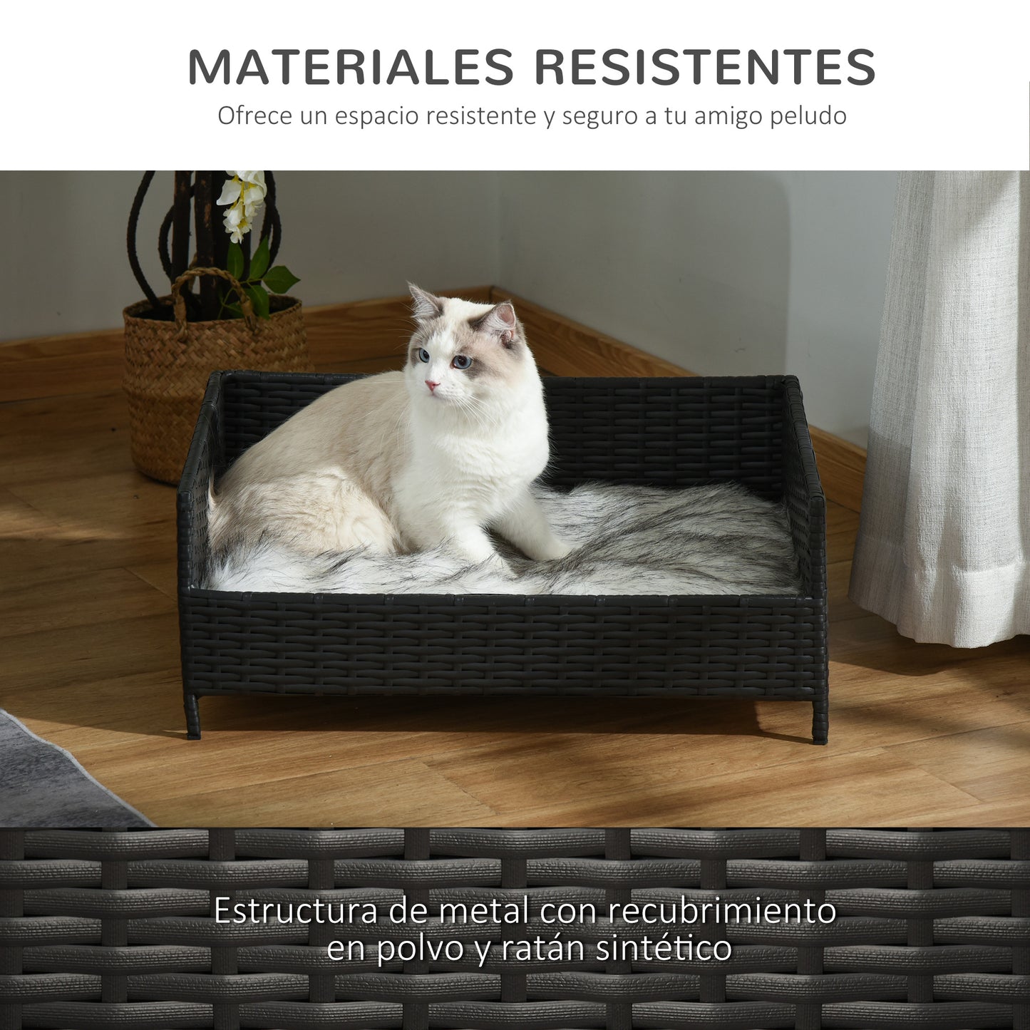 PawHut Sofá Cama para Perros de Ratán Cama Elevada Rectangular para Mascotas Gatos con Cojín Suave y Lavable para Hogar Interior 61x46x24,5 cm Negro