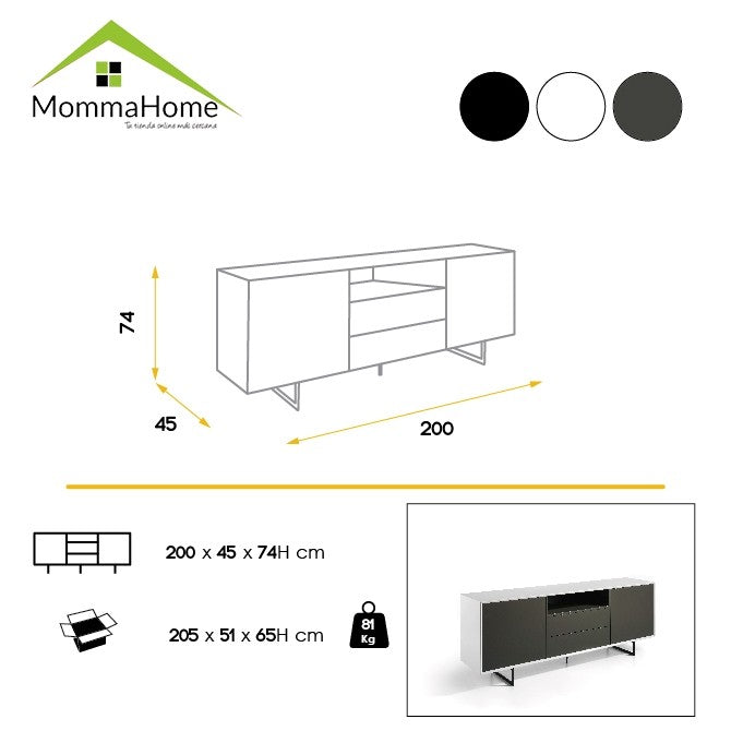 MOMMA HOME Aparador salón comedor diesño en blanco-gris, Modelo Sanoa, Medidas 200 x 45 x 74 cm