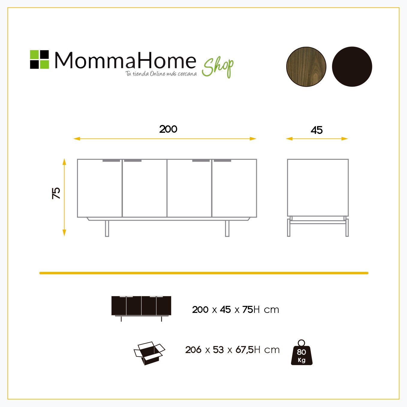 MOMMA HOME Aparador salón comedor, modelo London, Medidas 200 x 45 x 75H cm