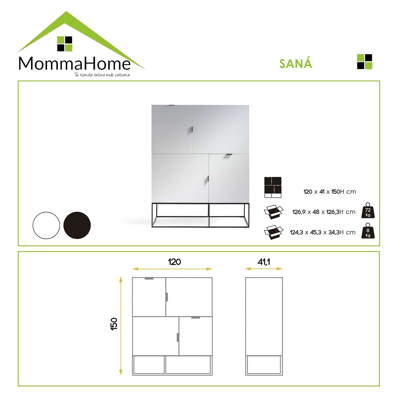 MOMMA HOME Aparador salón comedor, Acabado en Blanco, modelo Saná, Medidas 120 x 41 x 150H cm