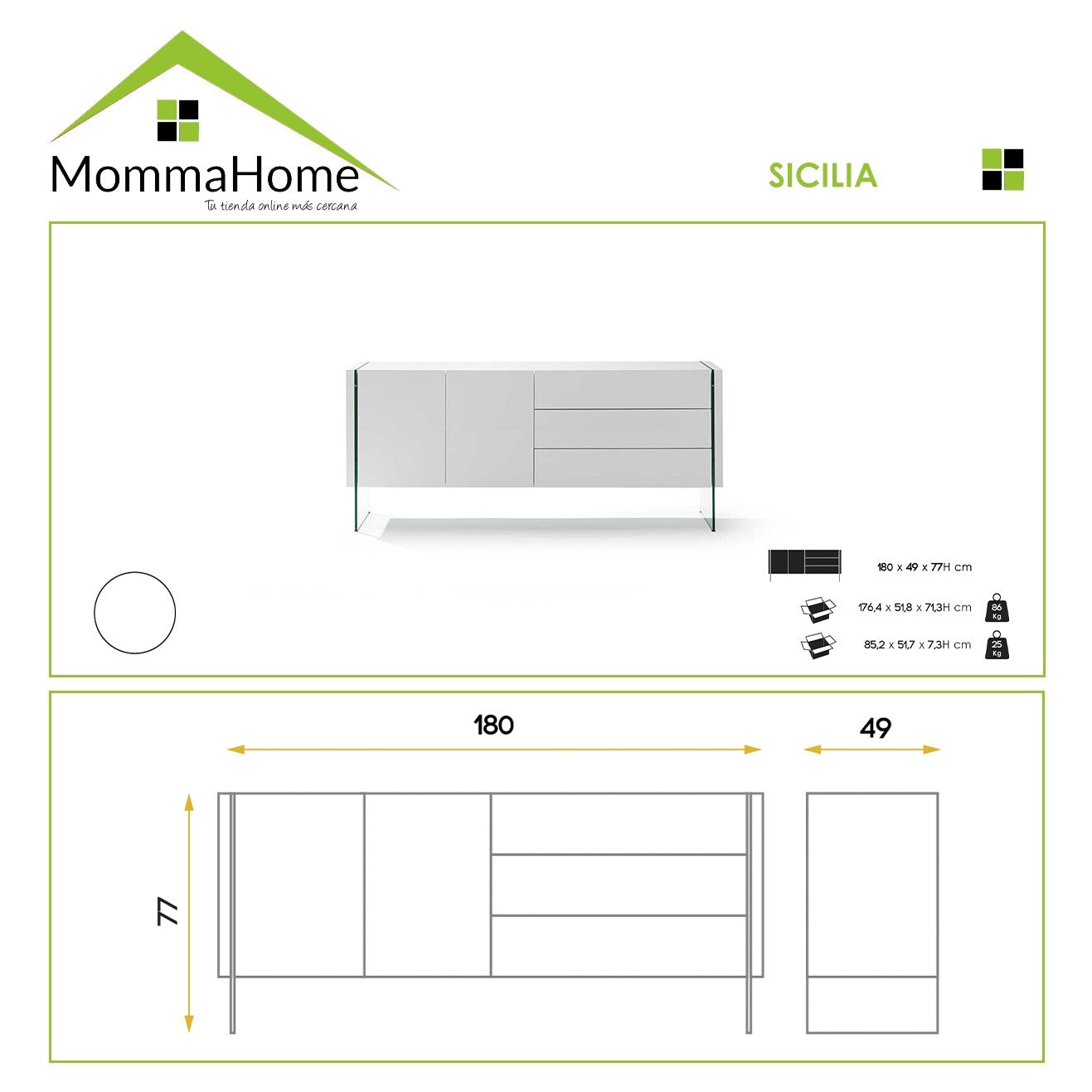 MOMMA HOME Aparador salón comedor de diseño, Blanco, modelo Sicilia, Medidas 180 x 49 x 77H cm