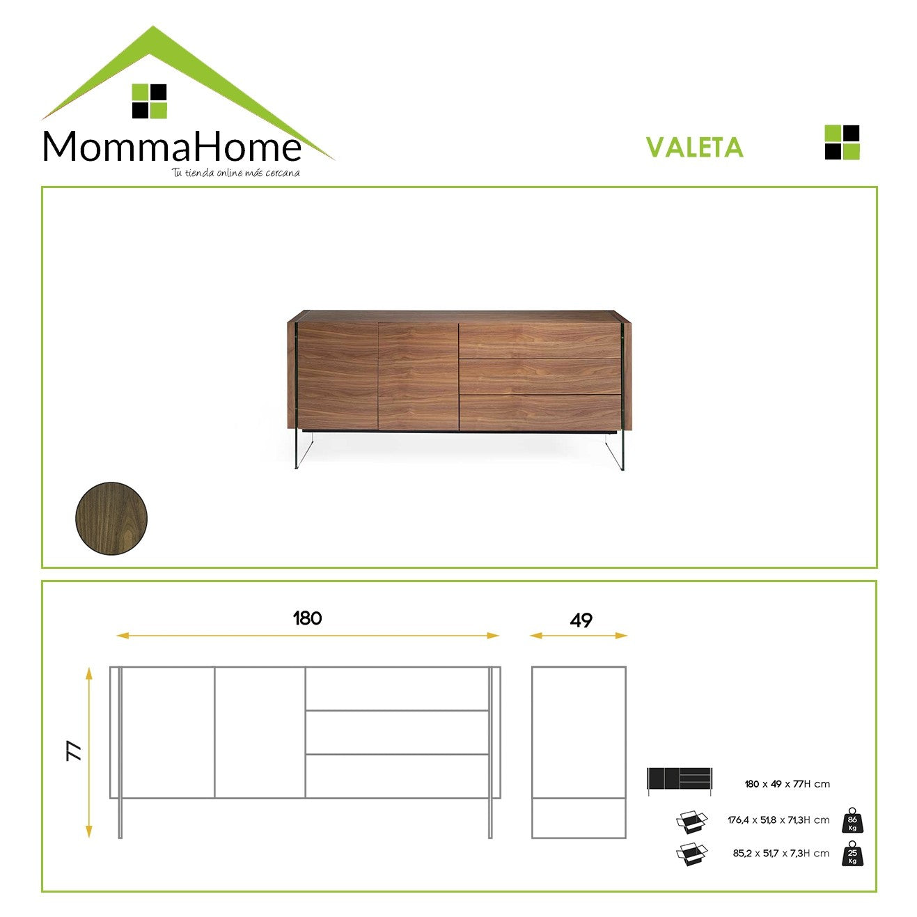 MOMMA HOME Aparador salón diseño, patas de cristal, modelo Valeta, Medidas 180 x 49 x 77H cm