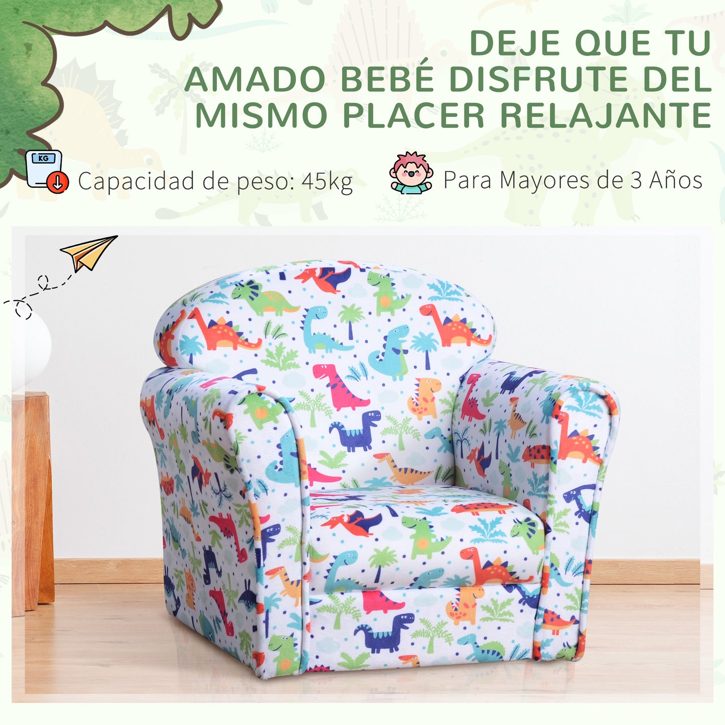 HOMCOM Sillón Infantil Sofá para Niños +18 Meses con Estampado de Dinosaurios Estructura de Madera Acolchado de Espuma y Tapizado de Franela 50x39x44 cm Multicolor