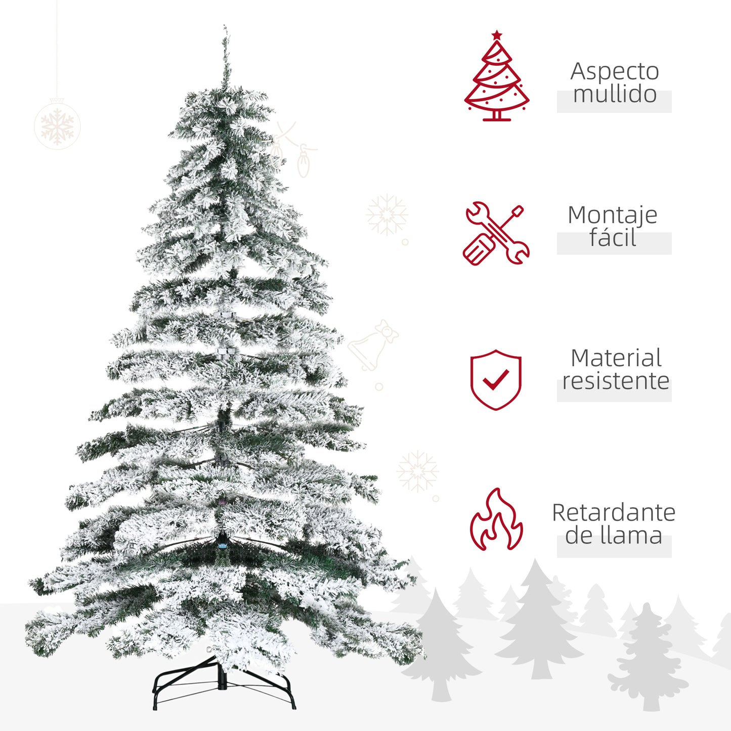 HOMCOM Árbol de Navidad 225 cm Nevado Artificial con 1083 Puntas de PVC Base Plegable y Soporte de Metal Decoración Navideño para Interiores 140x140x225 cm Verde y Blanco