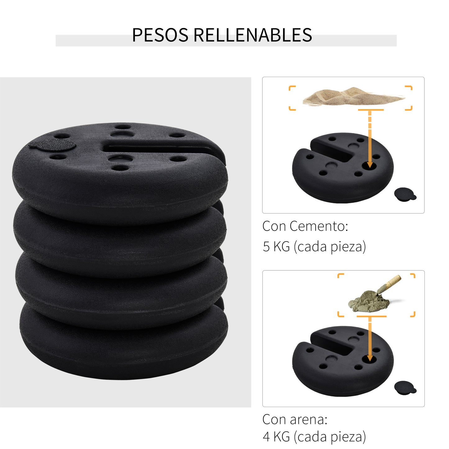 Outsunny Juego de 4 Pesos para Gazebo Rellenable Arena Cemento Base Peso Parasol Pie de Soporte para Carpa Base ponderada Φ25x6 cm