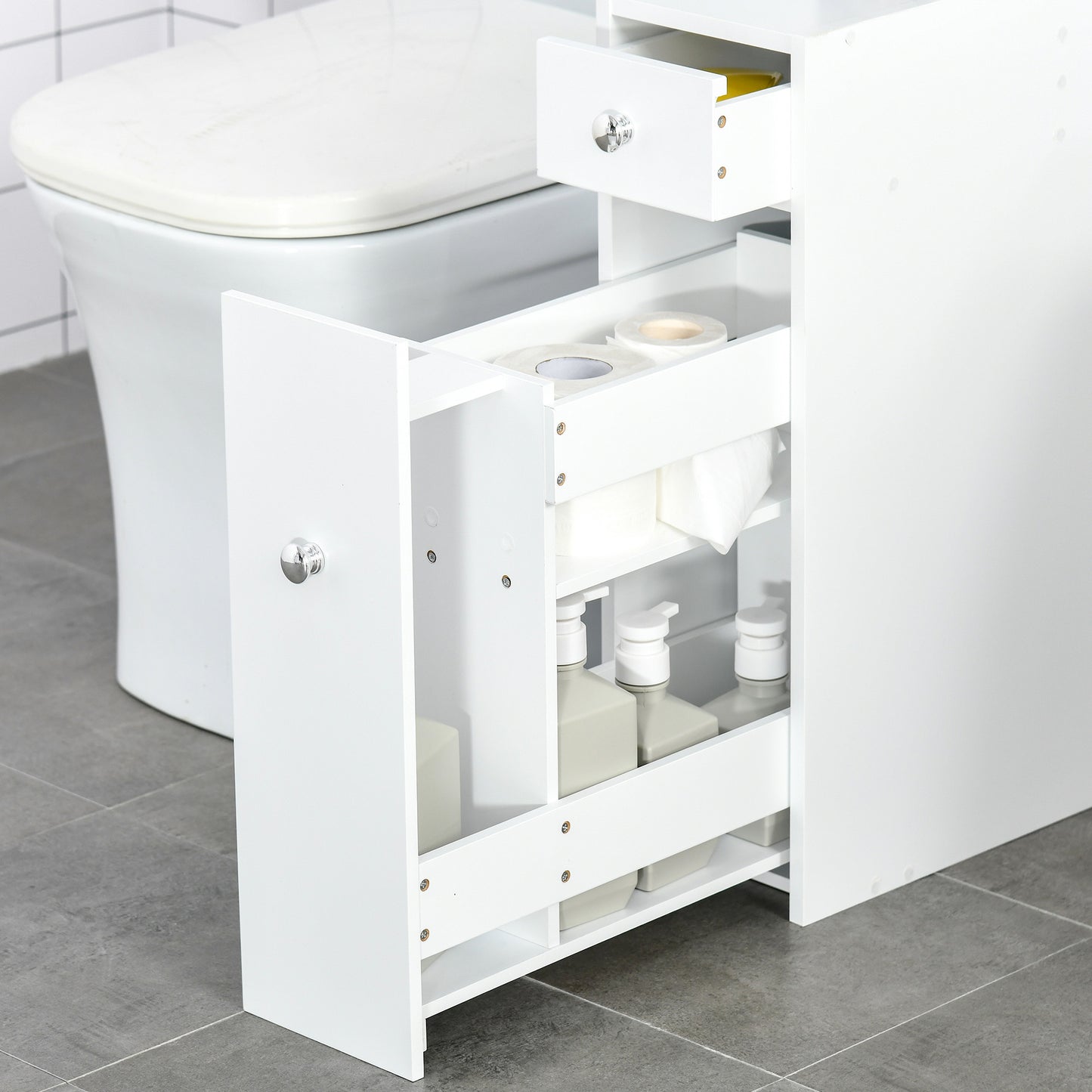 HOMCOM Armario Auxiliar de Baño Mueble de Baño Estrecho con 2 Cajones y Compartimiento Superior con Tapa para Lavabo Ducha 17x48x58 cm Blanco