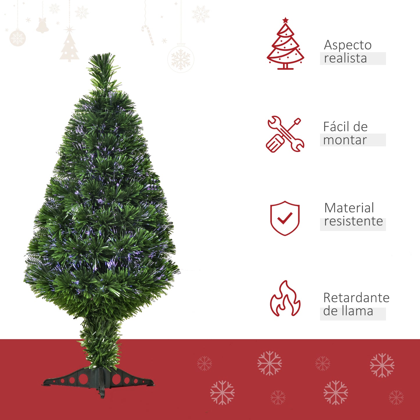 HOMCOM Árbol de Navidad 90cm Artificial Árbol con Soporte Fibra Óptica 4 Colores Verde Natural Material PVC