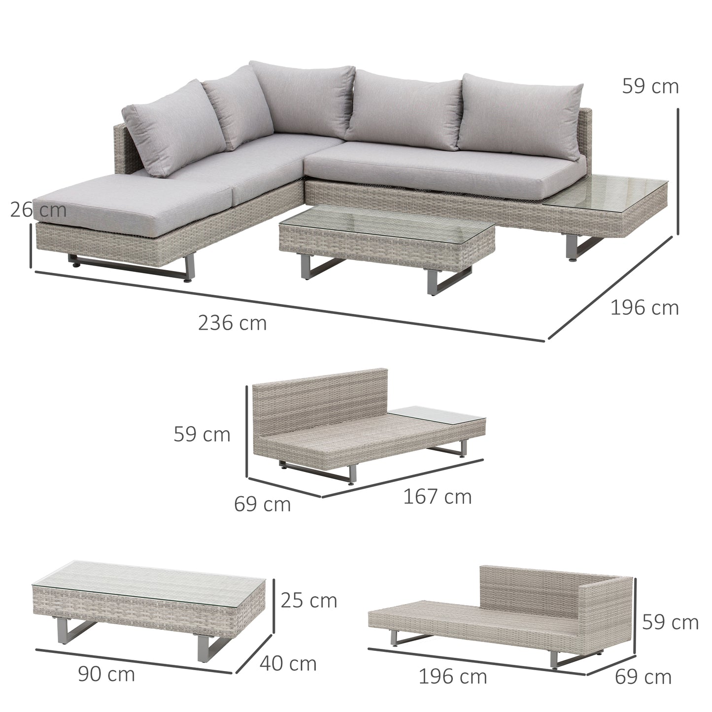 Outsunny Conjunto de Muebles Ratán de 3 Piezas Mesa de Centro Sofá Doble y Sofá de 3 Plazas con Cojines Extraíbles para Exterior Jardín Terraza Patio Acero Gris