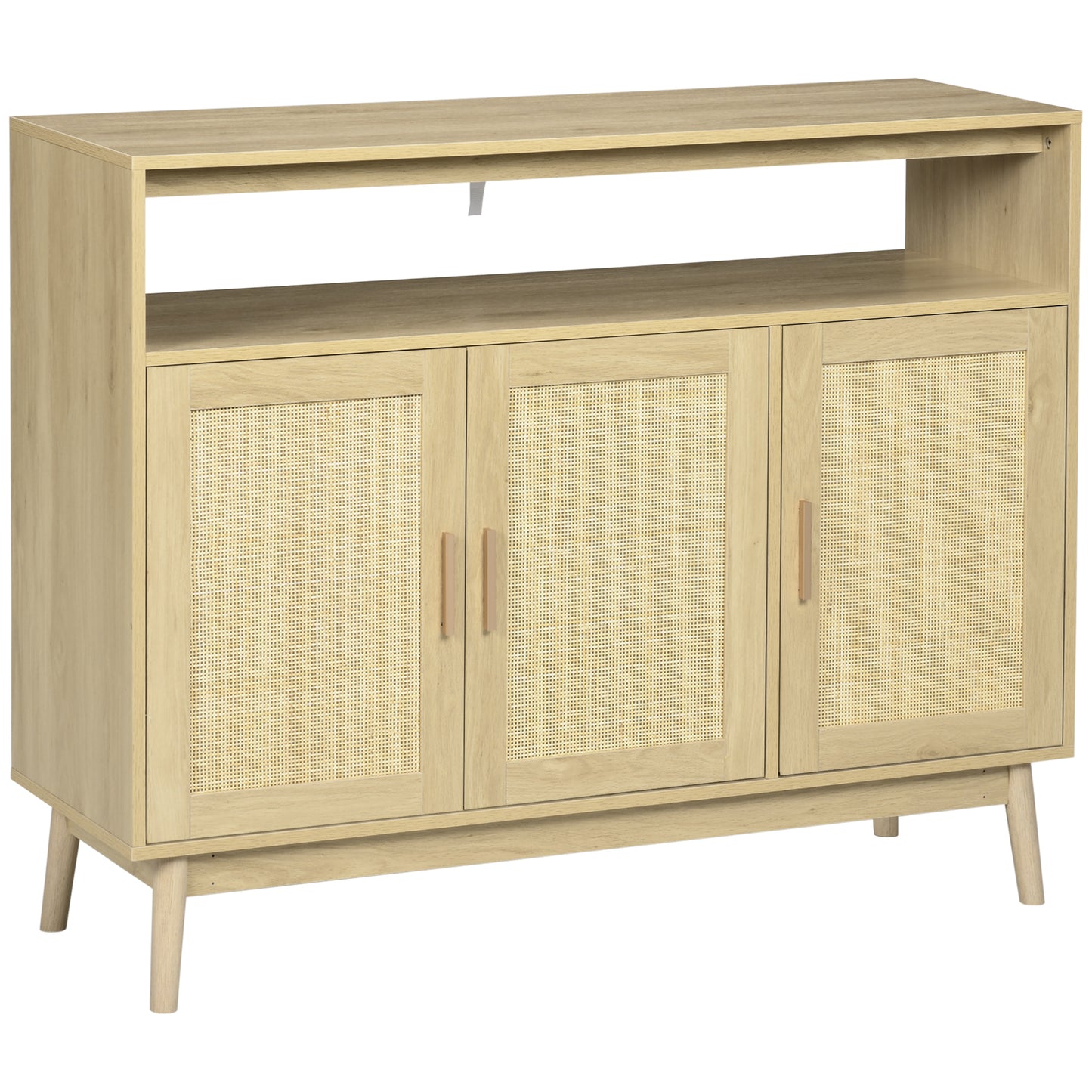 HOMCOM Aparador de Cocina de Estilo Boho Mueble Buffet Auxiliar con 3 Puertas de Ratán Estantes Ajustables y Patas de Madera para Salón Comedor 120x40x97 cm Natural