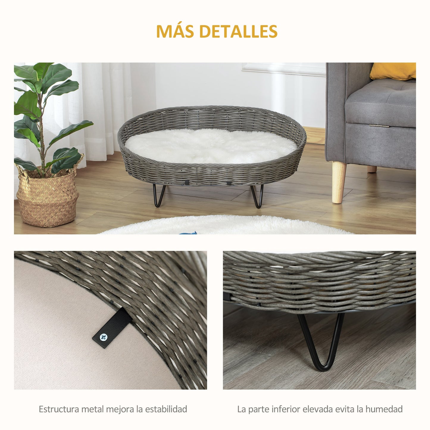 PawHut Cama para Perros Gatos de Mimbre Cesta Ratán para Mascotas Medianas Pequeñas con Cojín Lavable y Patas Elevadas de Acero 76x59x32 cm Gris y Blanco