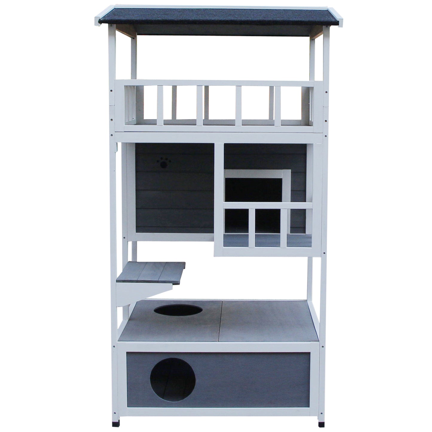 PawHut Casa para Gatos de Madera 75,5x75x137 cm Caseta para Gatos Refugio para Gatos con Techo Asfáltico y Plataformas para Interior y Exterior Gris