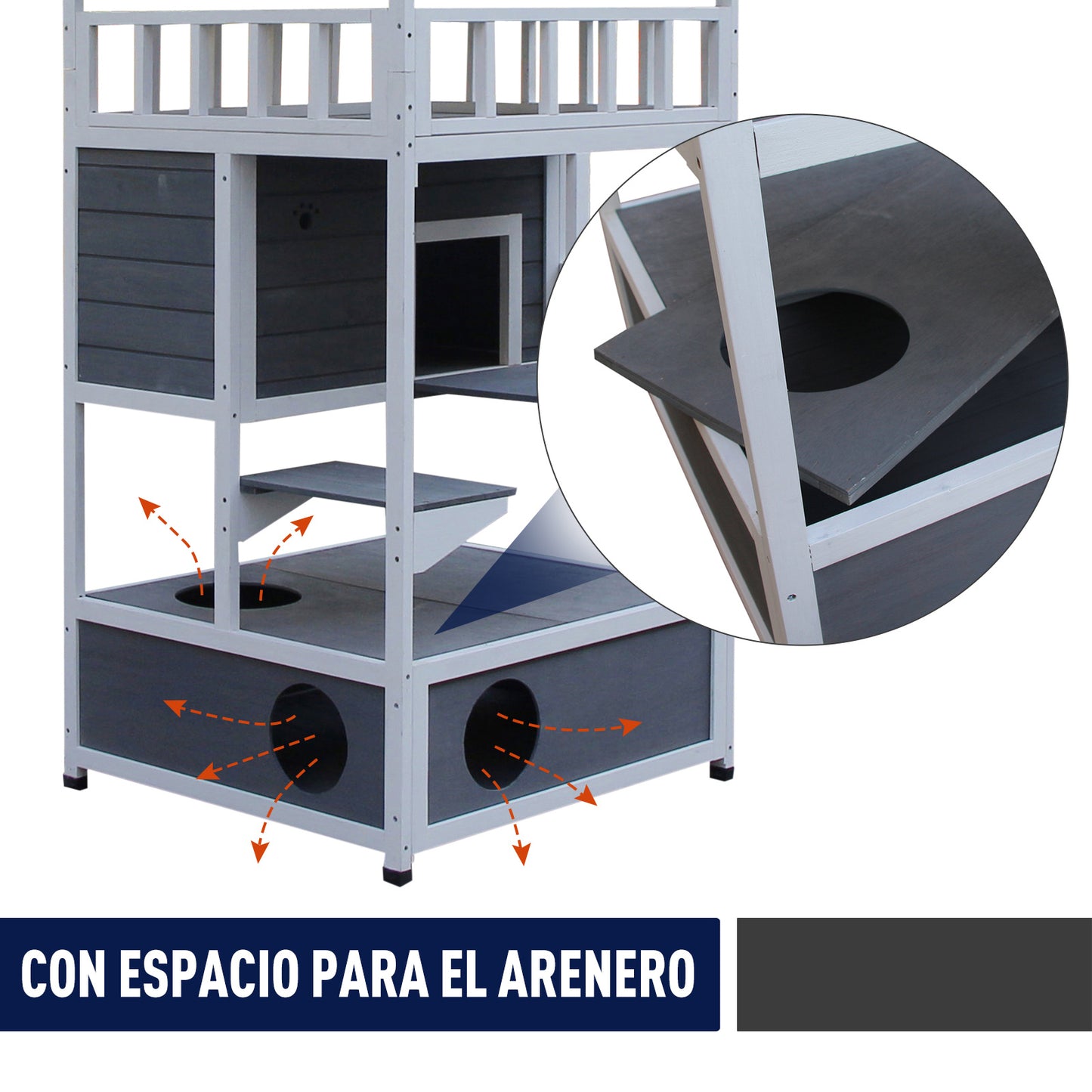 PawHut Casa para Gatos de Madera 75,5x75x137 cm Caseta para Gatos Refugio para Gatos con Techo Asfáltico y Plataformas para Interior y Exterior Gris