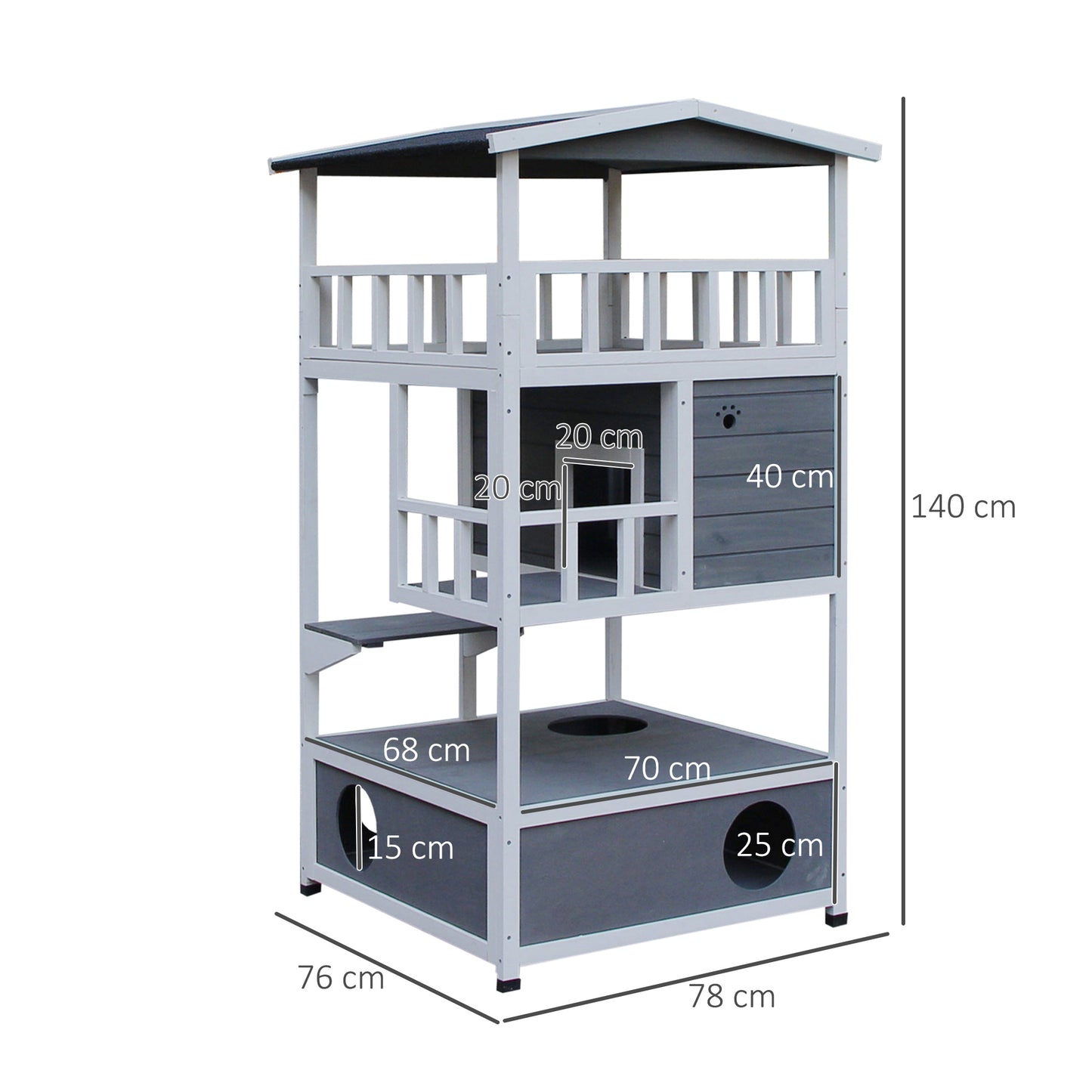 PawHut Casa para Gatos de Madera 75,5x75x137 cm Caseta para Gatos Refugio para Gatos con Techo Asfáltico y Plataformas para Interior y Exterior Gris