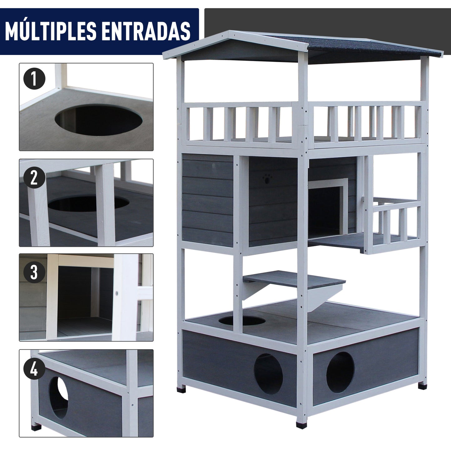 PawHut Casa para Gatos de Madera 75,5x75x137 cm Caseta para Gatos Refugio para Gatos con Techo Asfáltico y Plataformas para Interior y Exterior Gris