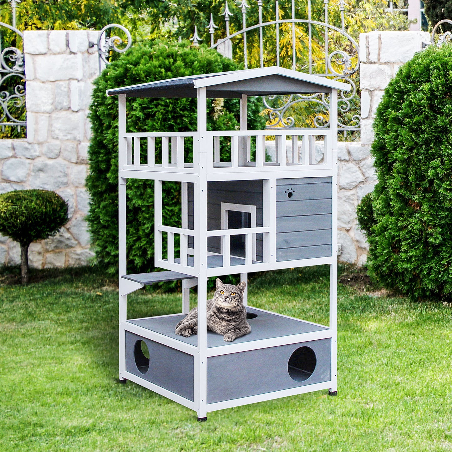 PawHut Casa para Gatos de Madera 75,5x75x137 cm Caseta para Gatos Refugio para Gatos con Techo Asfáltico y Plataformas para Interior y Exterior Gris