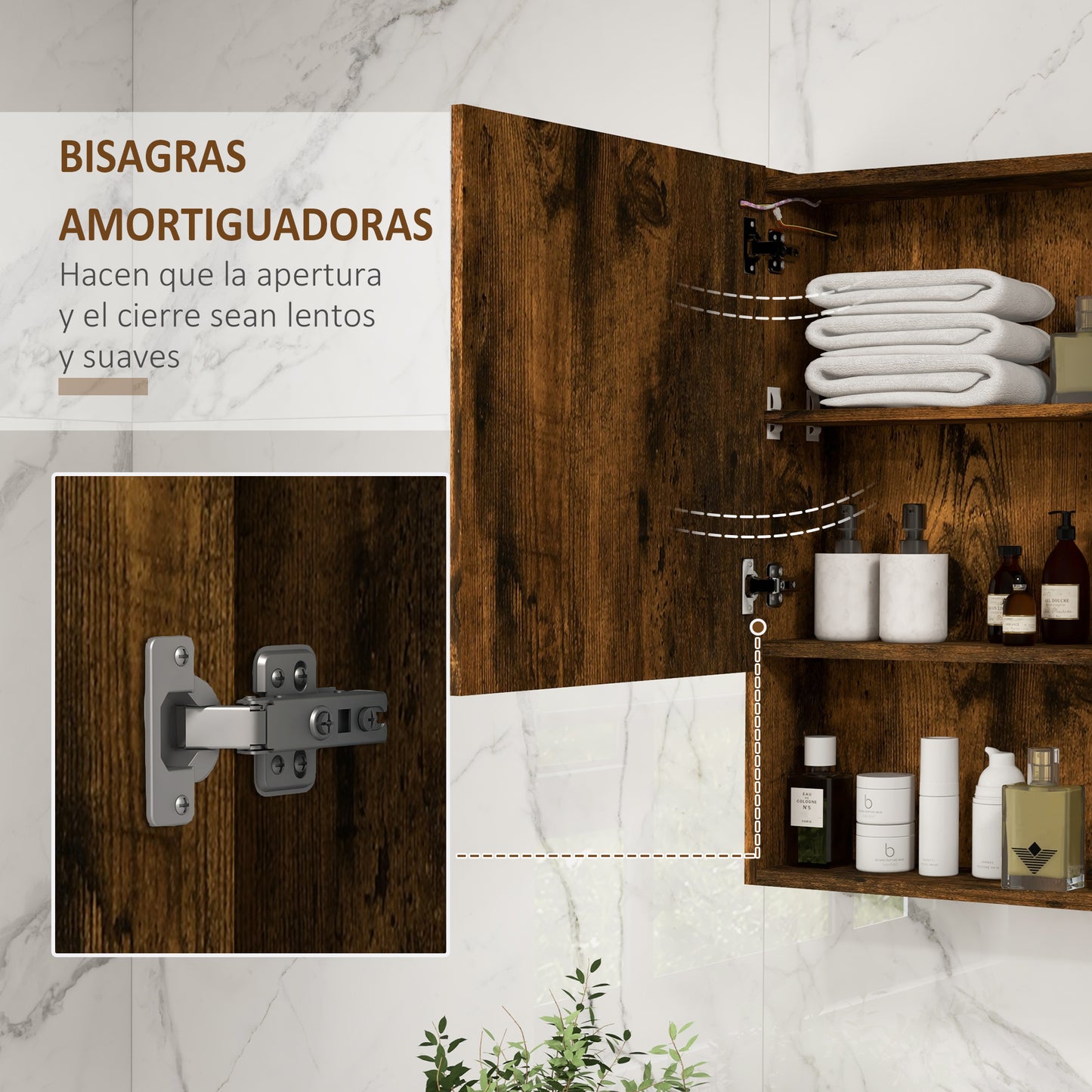 kleankin Armario de Baño con Espejo y Luz LED Mueble con Espejo de Pared con 2 Puertas Estante Ajustable Interruptor Táctil y Color de Luz Ajustable 70x15x70 cm Marrón Rústico