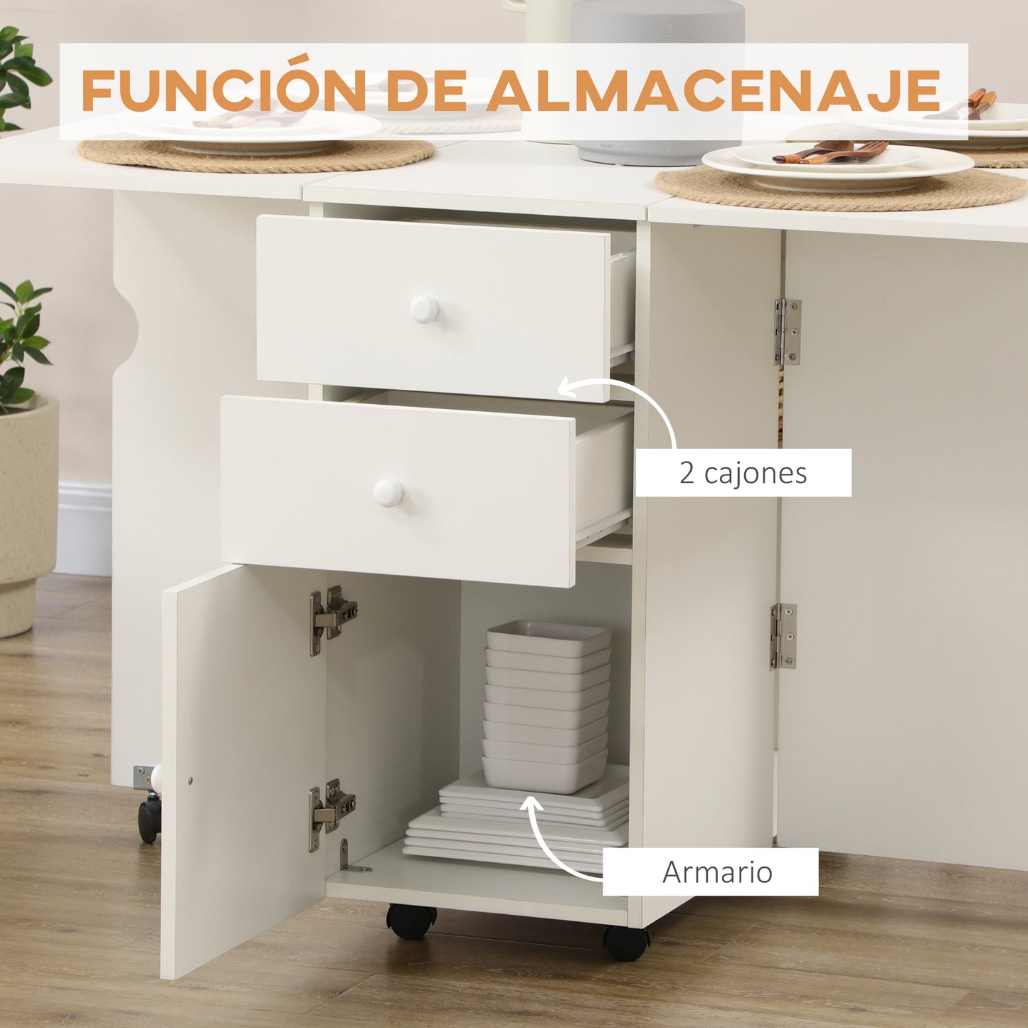 HOMCOM Mesa de Comedor Plegable Mesa de Cocina Extensible con Alas Abatibles 6 Ruedas y 2 Cajones de Almacenamiento Estilo Moderno 120x80x75 cm Blanco