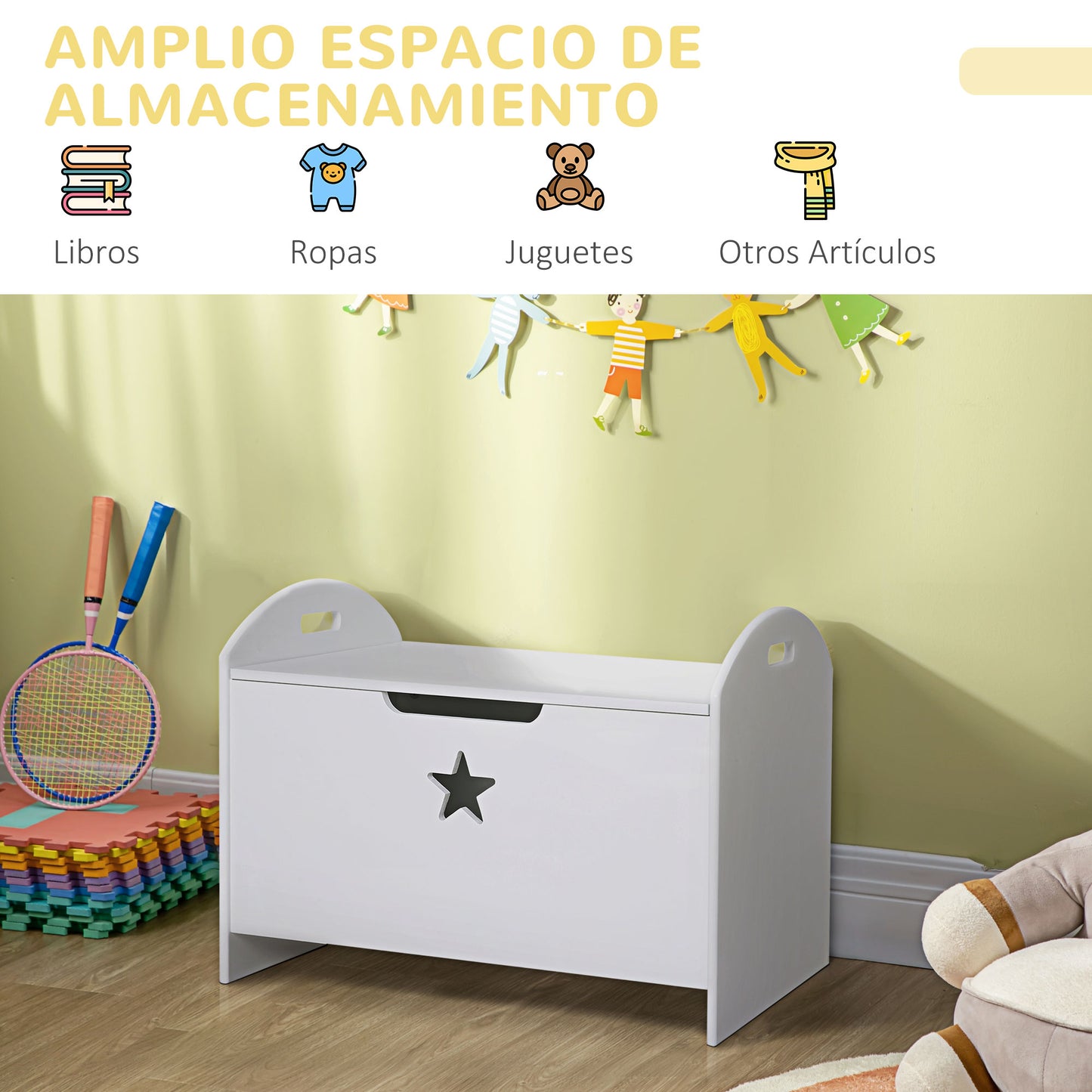 HOMCOM Baúl de Almacenaje Organizador de Juguete de Niño Tapa Reversible Diseño con Seguridad 62x40x46,5 cm Amplio Espacio Carga 20 kg Blanco