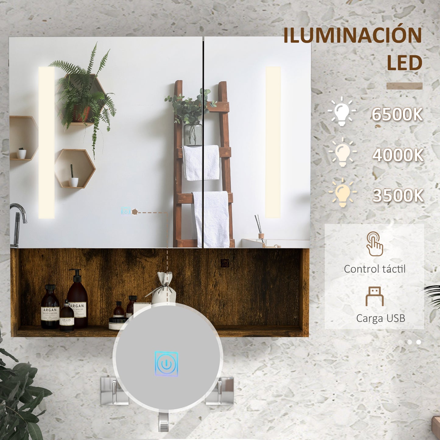 kleankin Armario de Baño con Espejo y Luz LED Mueble con Espejo de Pared con 2 Puertas Estante Ajustable Interruptor Táctil y Color de Luz Ajustable 70x15x70 cm Marrón Rústico