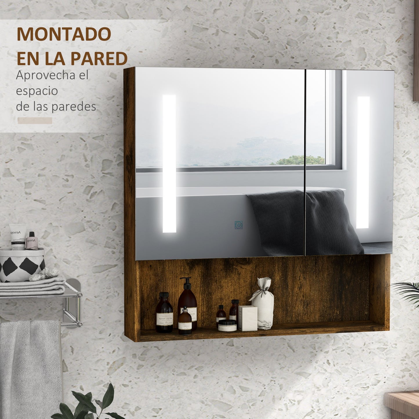 kleankin Armario de Baño con Espejo y Luz LED Mueble con Espejo de Pared con 2 Puertas Estante Ajustable Interruptor Táctil y Color de Luz Ajustable 70x15x70 cm Marrón Rústico