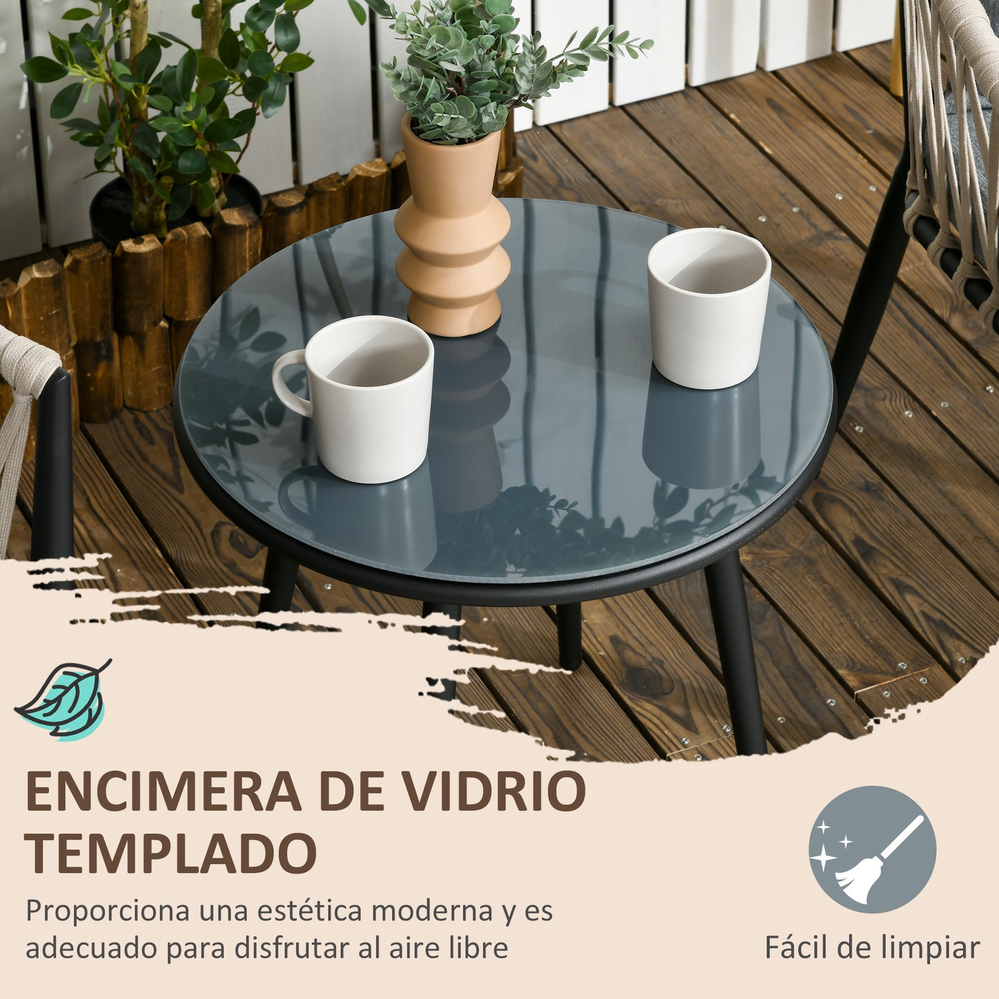 Outsunny Conjunto de Muebles de Jardín 3 Piezas Juego de Muebles de Terraza Incluye Mesa con Encimera de Vidrio Templado y 2 Sillones con Cojines Reposabrazos de Cuerda Polipropileno Gris