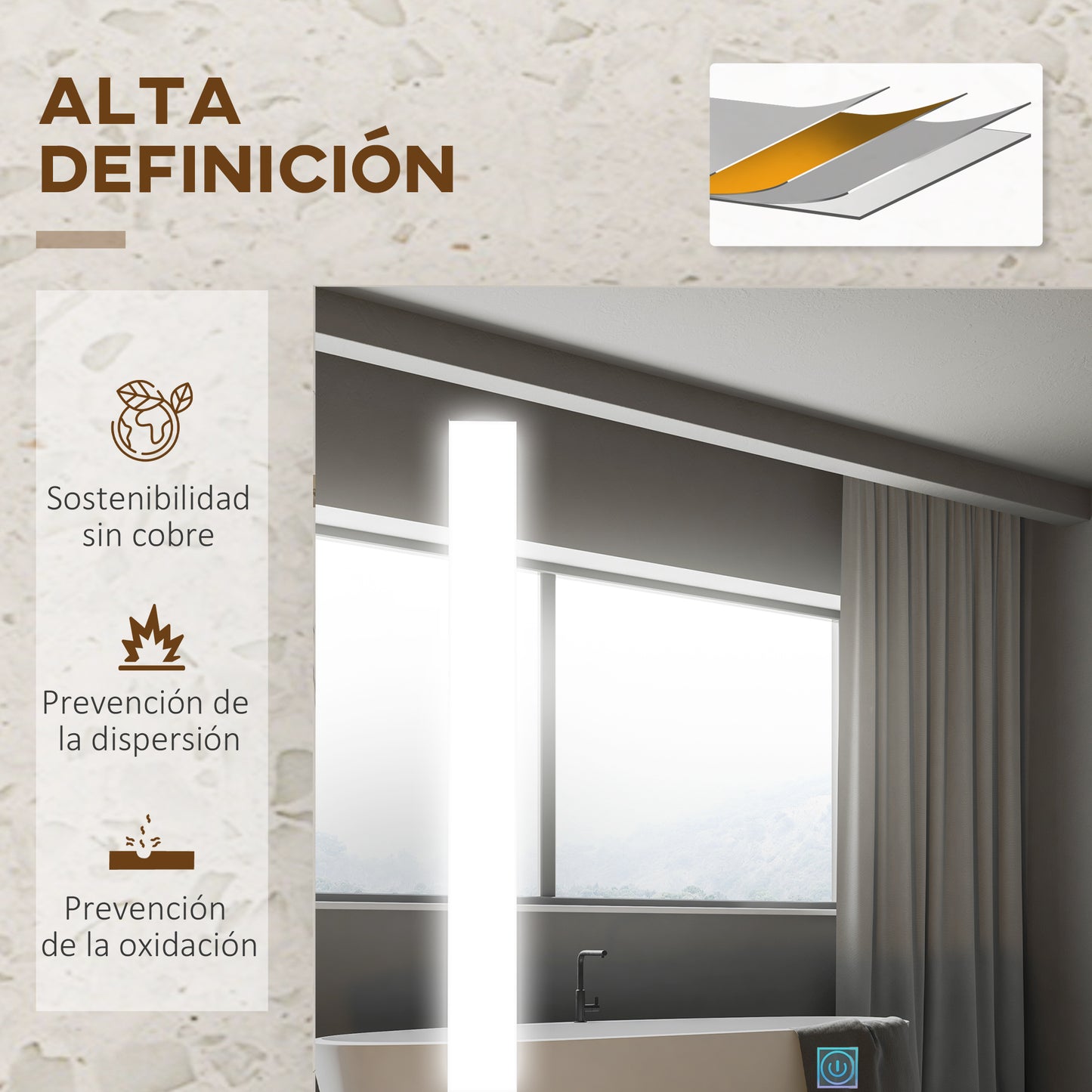 kleankin Armario de Baño con Espejo y Luz LED Mueble con Espejo de Pared con 2 Puertas Estante Ajustable Interruptor Táctil y Color de Luz Ajustable 70x15x70 cm Marrón Rústico