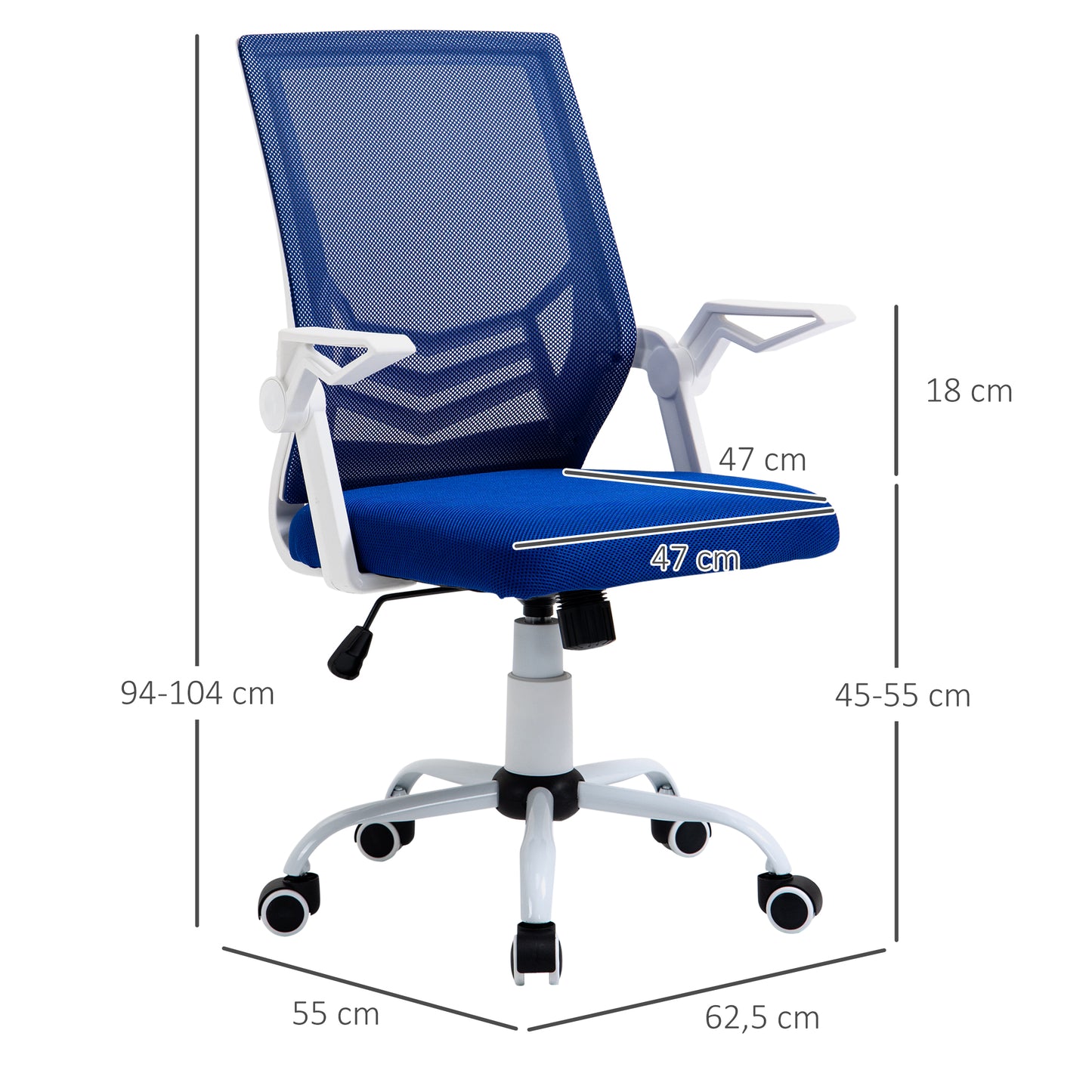 Vinsetto Silla de Oficina Ergonómica Silla Escritorio Giratoria con Altura Ajustable Reposabrazos Abatible Soporte Lumbar Transpirable para Adolescentes Adultos 62,5x55x94-104 cm Azul