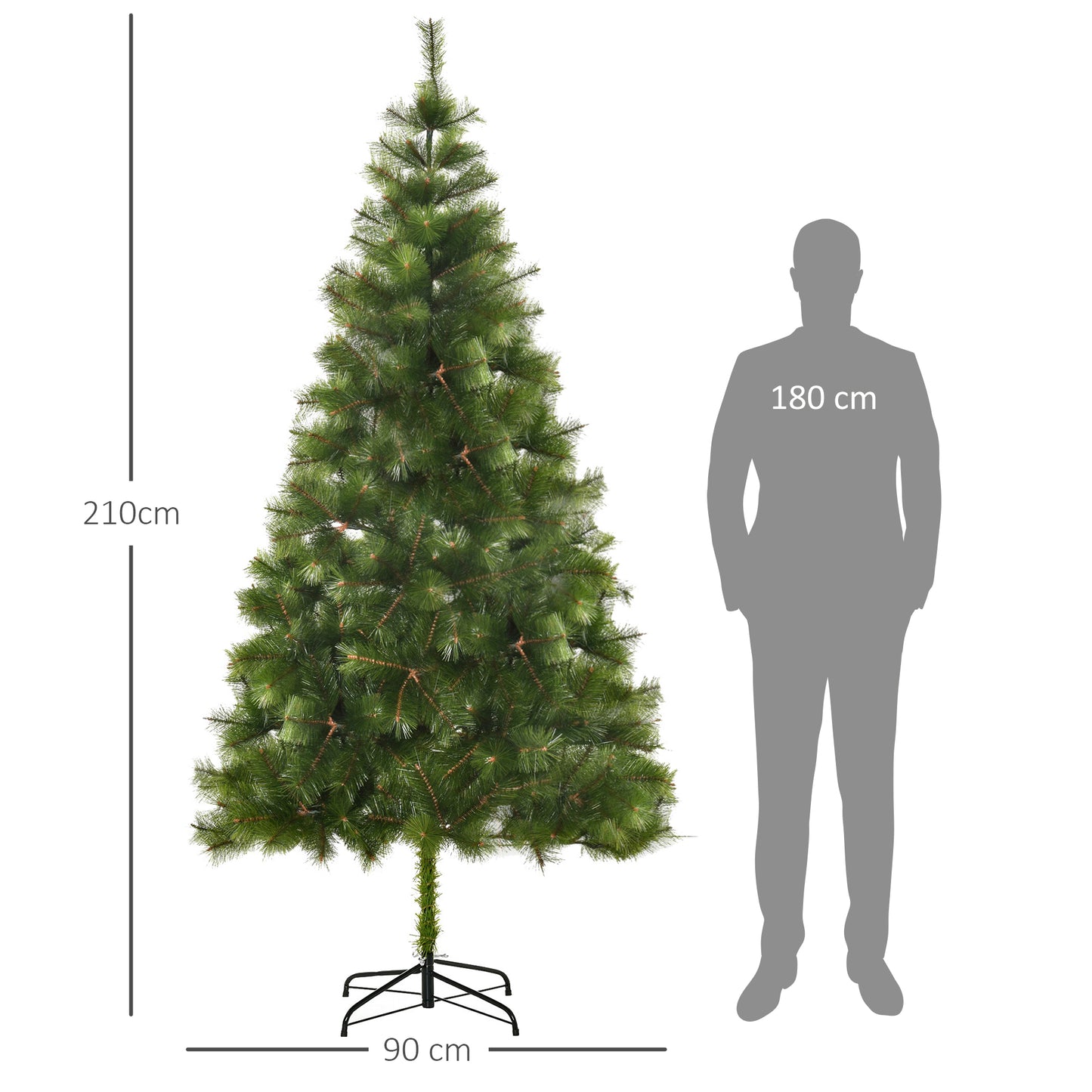 HOMCOM Árbol de Navidad 210cm Artificial Árbol de Pino Decoración Navideña con Soporte Metálico 505 Ramas Verde PET