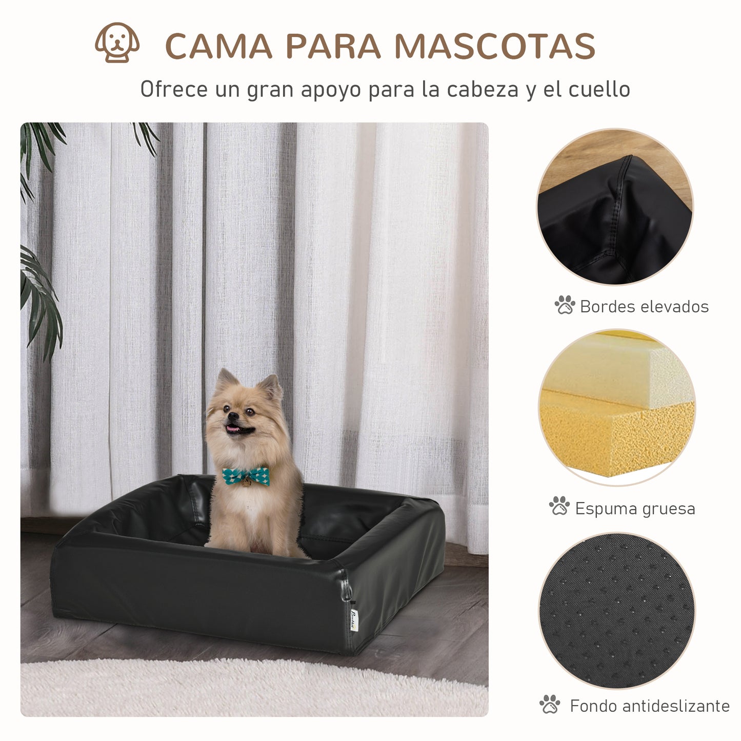 PawHut Cama para Perros Pequeños Colchón para Mascotas Tapizado en Cuero PU Acolchado de Espuma y Lavable con Cremallera 58x49x14,5 cm Negro