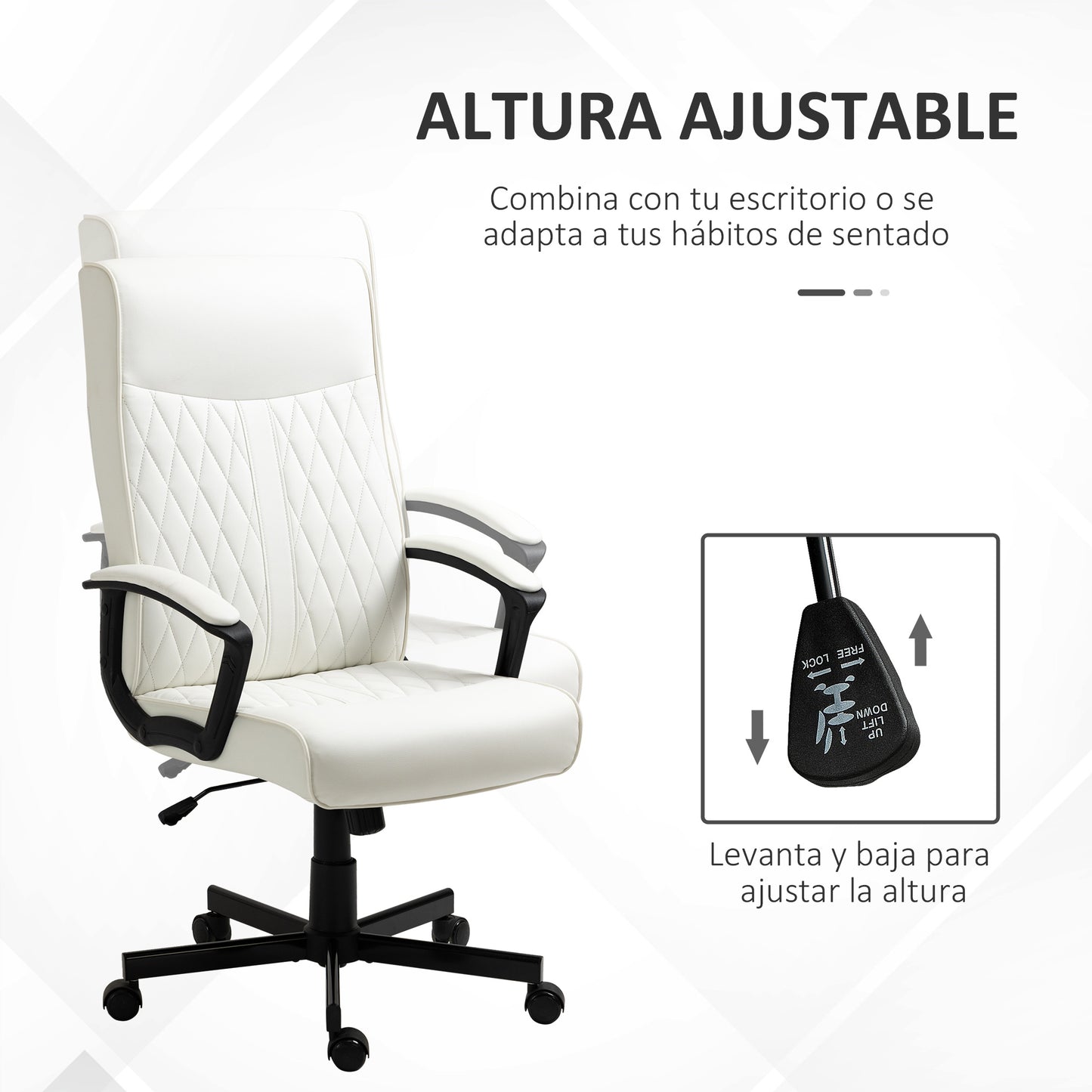 Vinsetto Silla de Oficina Giratoria Silla de Escritorio Basculante Tapizado en PU con Respaldo Alto y Altura Ajustable para Salón Oficina Carga 120 kg 65x72x102-112,5 cm Crema