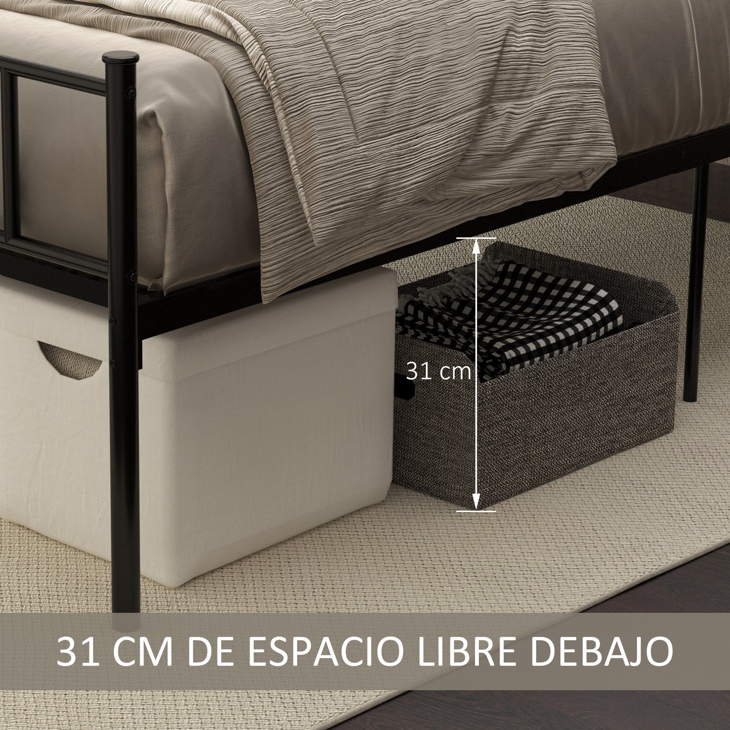 HOMCOM Marco de Cama Individual de Metal 31 cm para Colchón 90x190 cm con Cabecera Forma de Corazón Estructura de Cama con Espacio Bajo de Almacenamiento 95x196x100 cm Negro