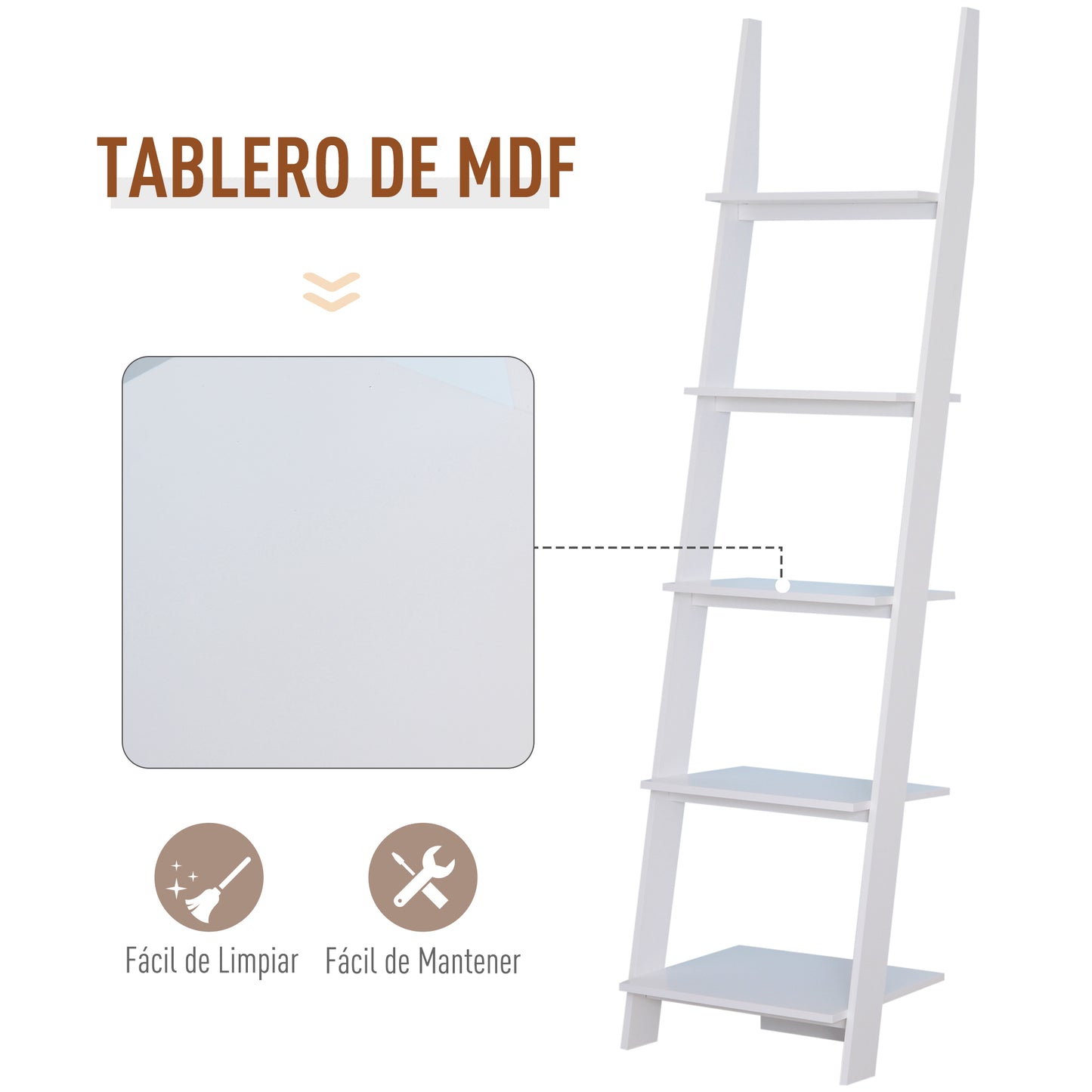 HOMCOM Estantería de Escalera Moderna Estantería para Libros Librería con 5 Estantes para Salón Oficina Estudio 50x40x195 cm Blanco