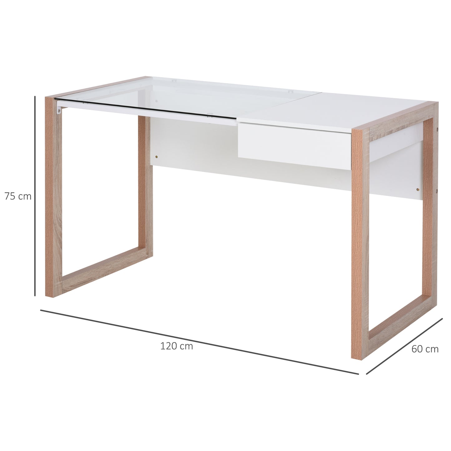 HOMCOM Mesa de Ordenador Mesa de Escritorio Diseño Moderno con Tablero de Vidrio Templado Cajón Combinación de Estilos para Oficina Estudio 120x60x75 cm Blanco