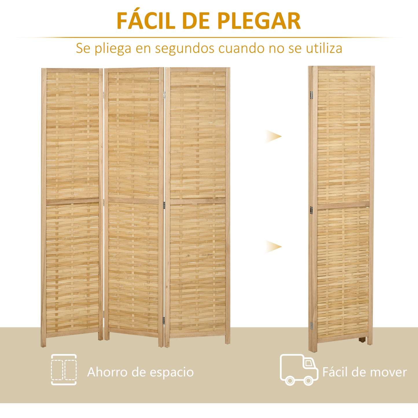 HOMCOM Biombo de 3 Paneles Divisor de Habitación Plegable 120x1,8x170 cm Separador de Ambientes con Patrón de Tejido de Bambú Estilo Rústico para Oficina Dormitorio Salón Natural