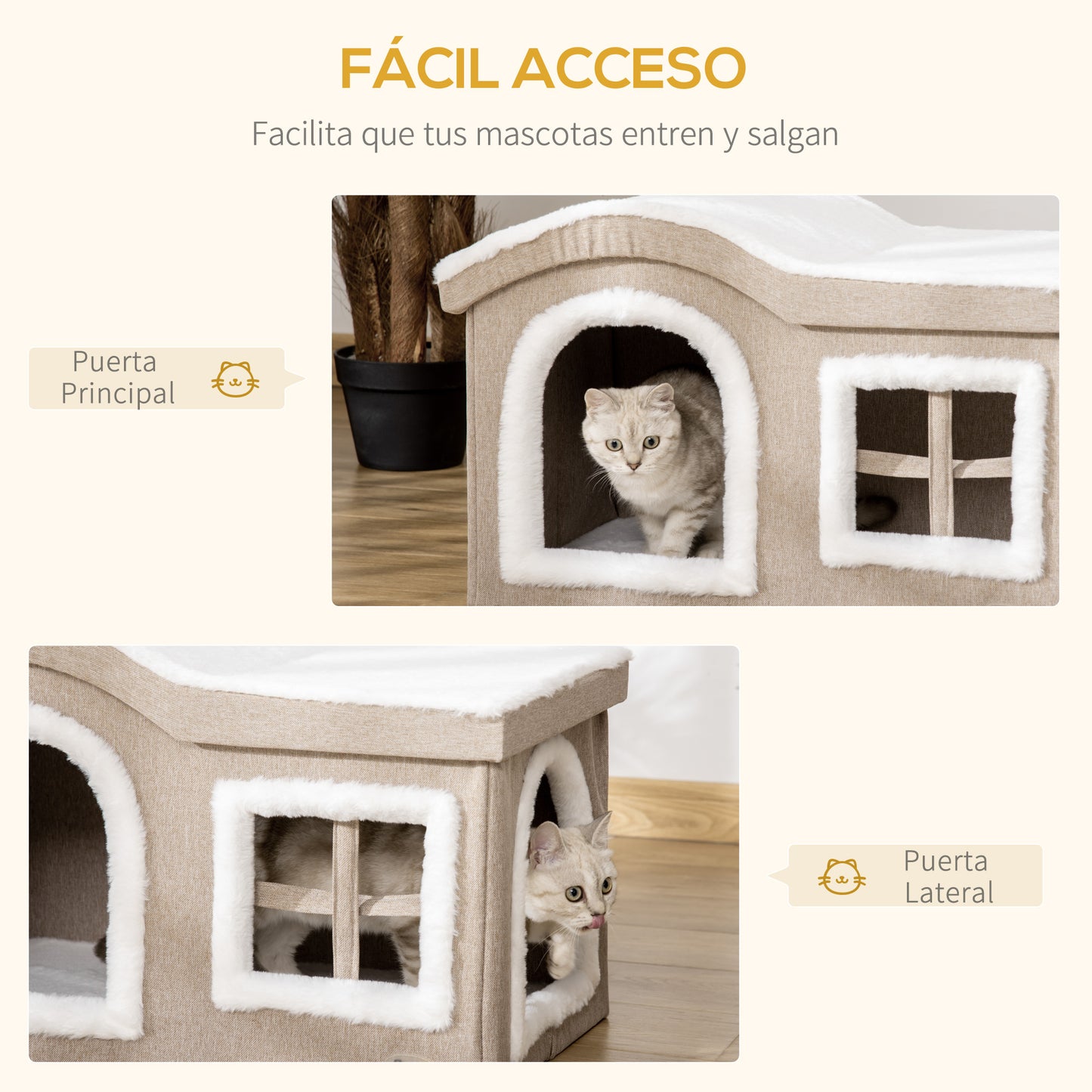 PawHut Casa Plegable para Gatos Interior Cueva para Gatos Grande con Tapa Extraíble Cojines 2 Entradas y Ventana Taburete para Gatos 63,5x37x40 cm Beige