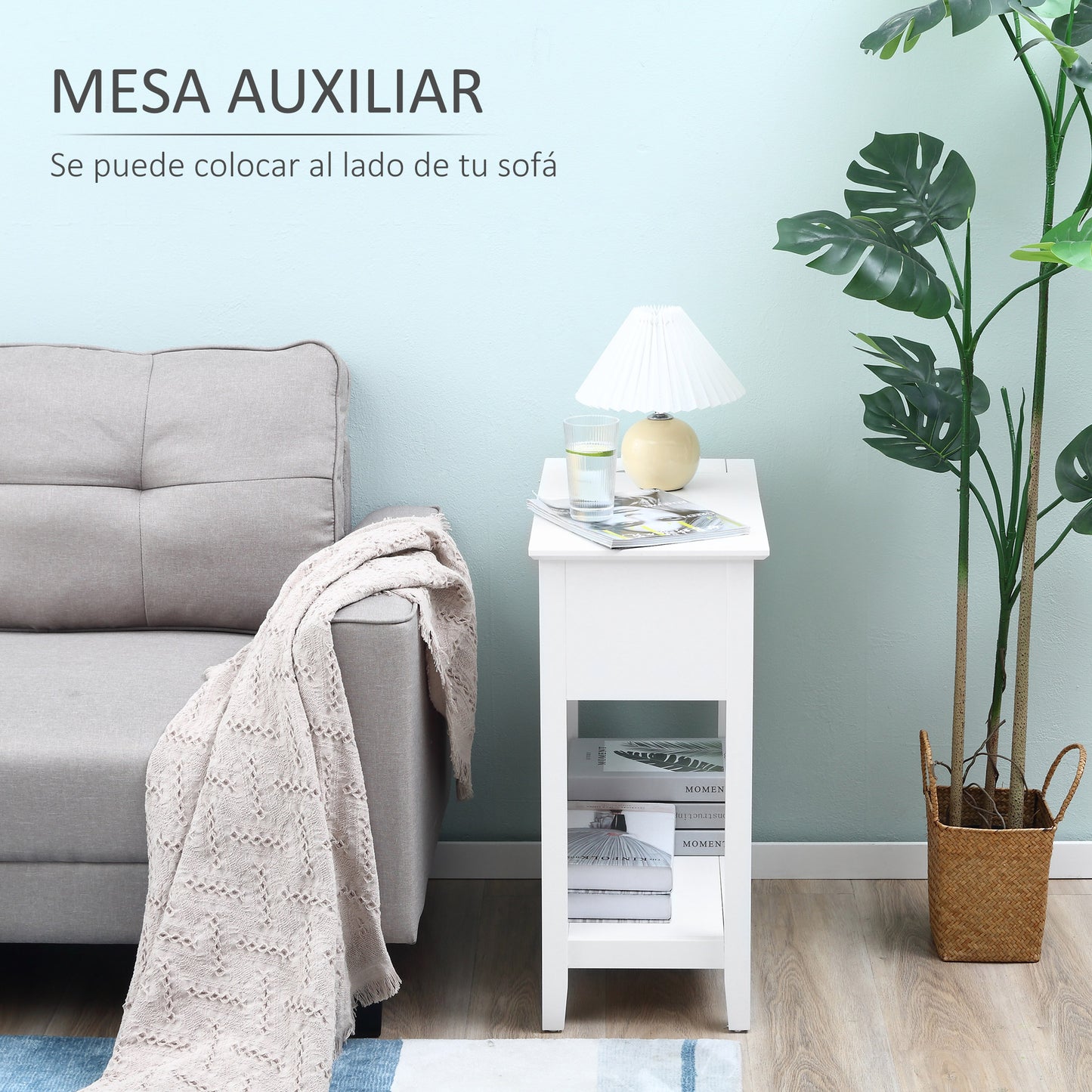 HOMCOM Mesa Auxiliar Mesita de Noche con Tapa Abatible Estante de Almacenamiento y Orificio de Cable Oculto para Salón Cama Dormitorio 60,5x32,5x70 cm Blanco