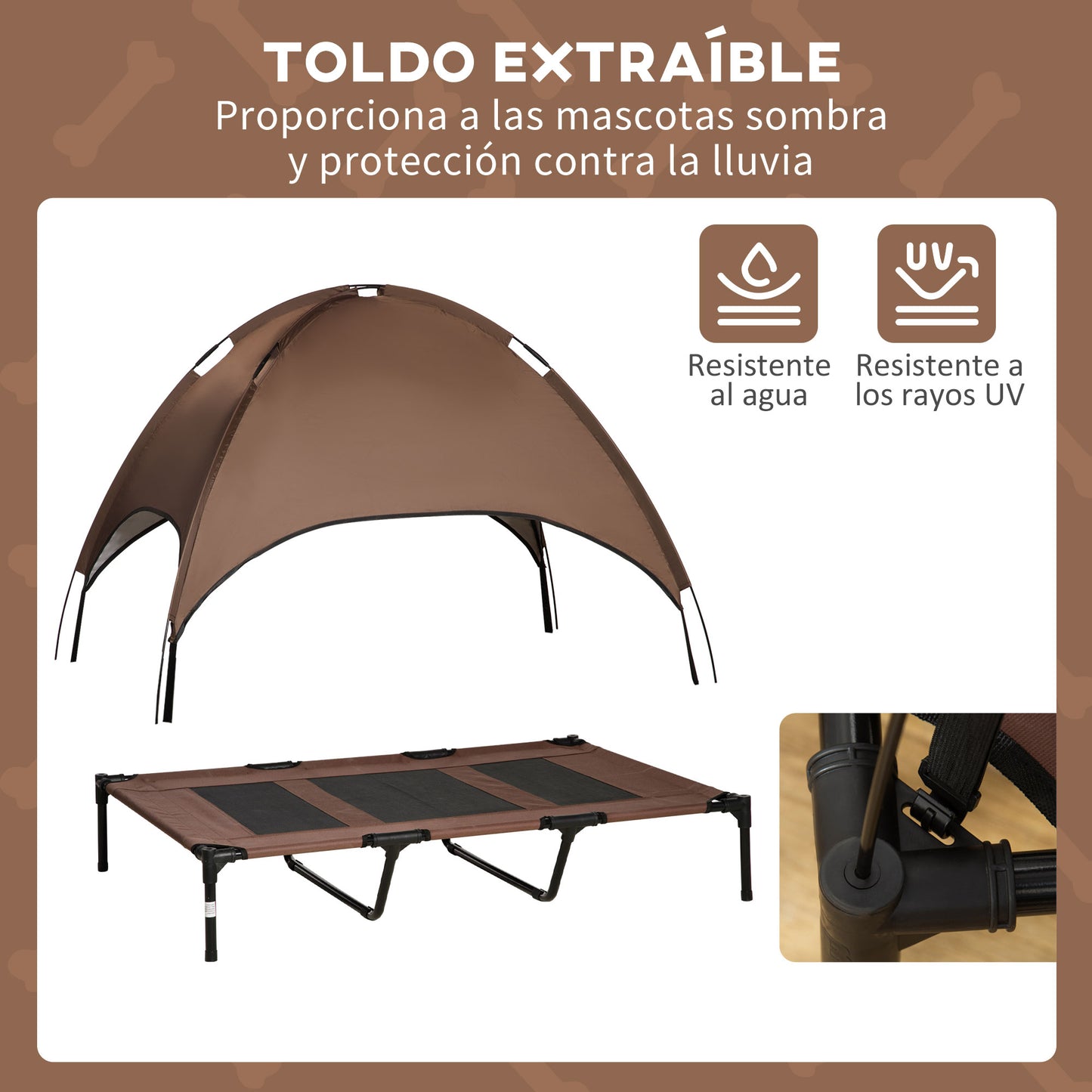 PawHut Cama Elevada para Mascotas Portátil con Toldo Extraíble Tela Transpirable al Aire Libre para Interior y Exterior 122x92x108 cm Café