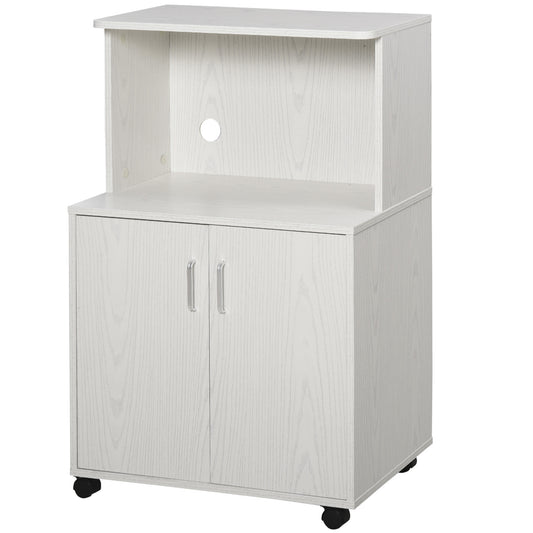 HOMCOM Aparador Auxiliar para Microondas Armario Bajo de Cocina con Armario de 2 Puertas y Estante Ajustable con Ruedas Carga 70 kg 60,4x40,3x97 cm Blanco