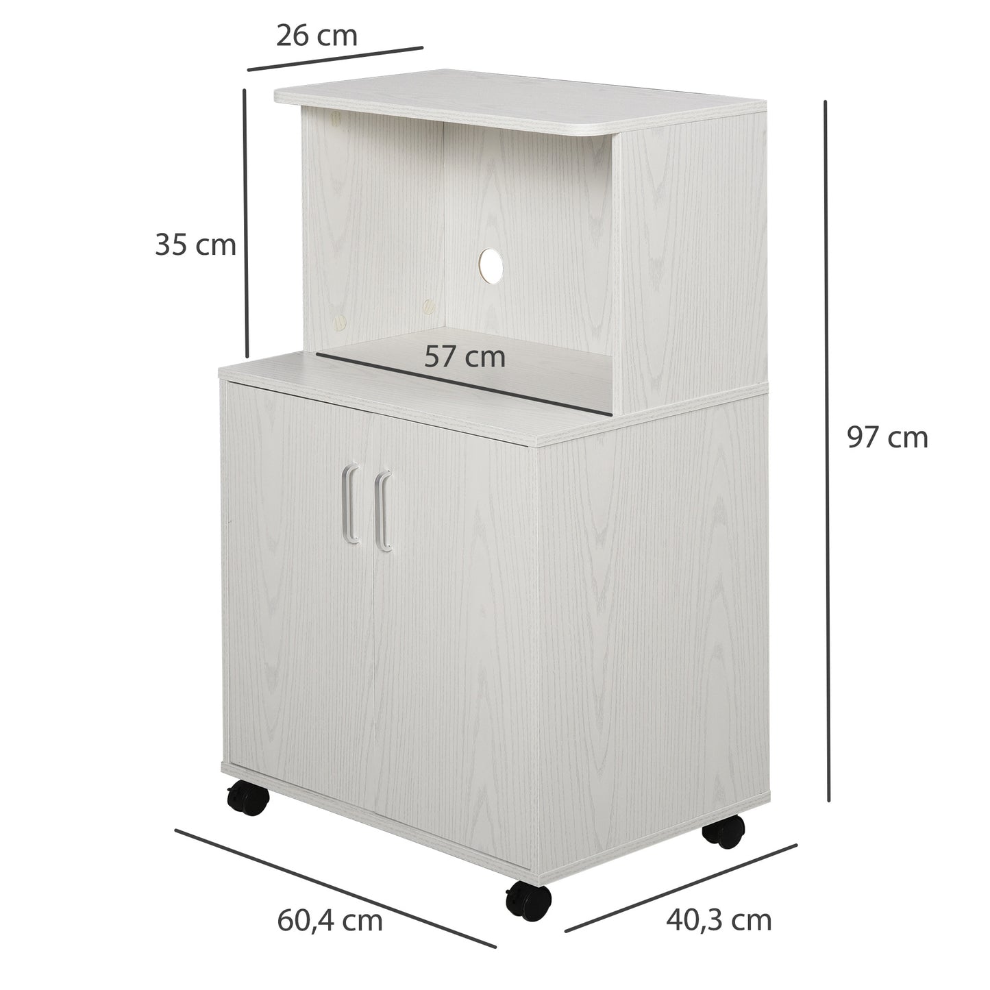 HOMCOM Aparador Auxiliar para Microondas Armario Bajo de Cocina con Armario de 2 Puertas y Estante Ajustable con Ruedas Carga 70 kg 60,4x40,3x97 cm Blanco