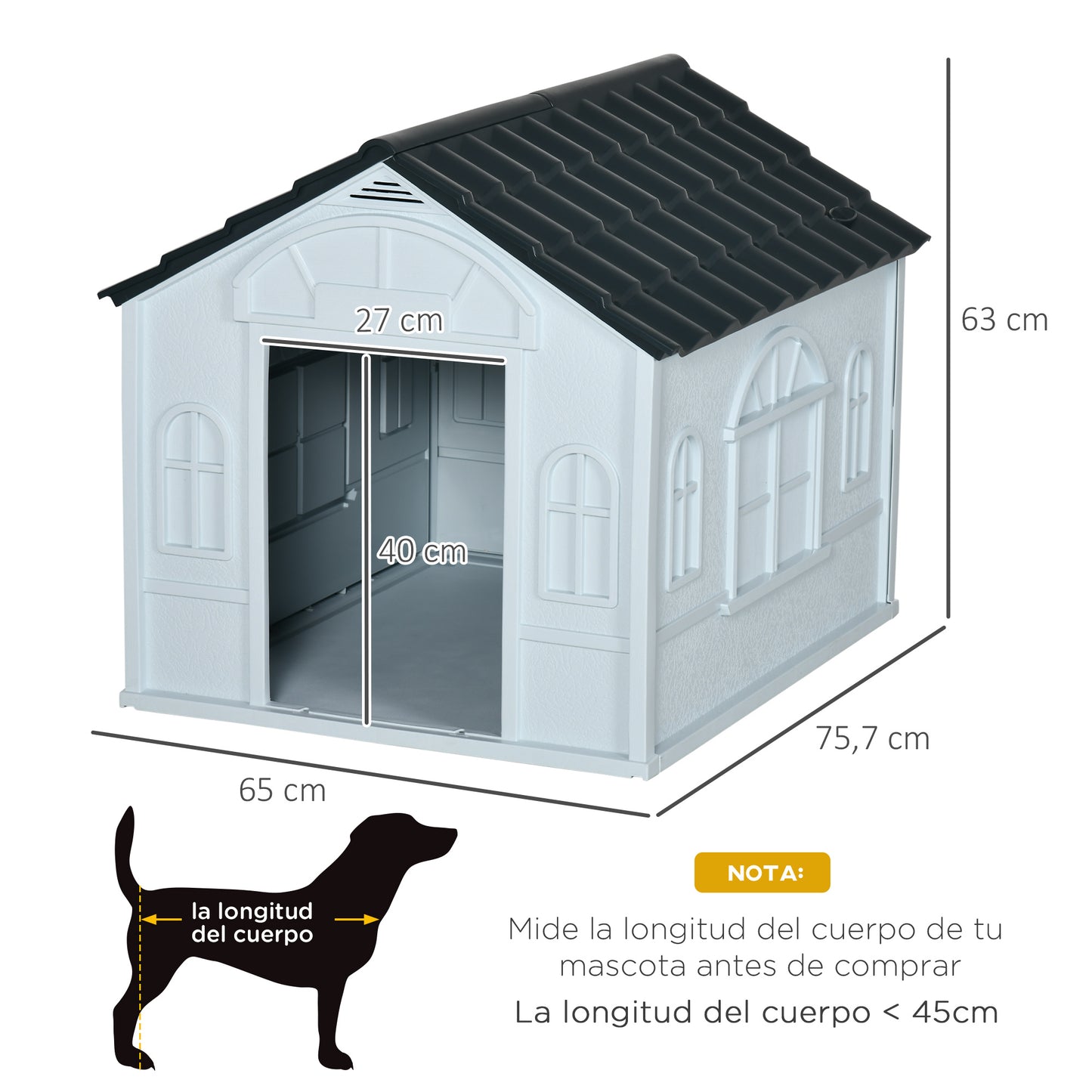 PawHut Caseta para Perros 65x75,7x63 cm Casa para Perros con Patrón de Ventana y Techo de Tejas de Imitación para Perros Medianos Gris y Blanco