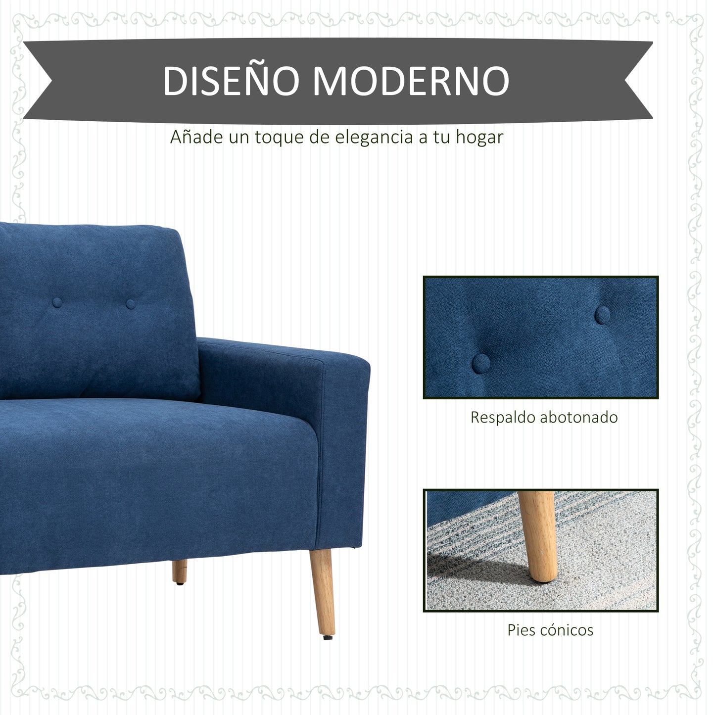 HOMCOM Sofá de 2 Plazas Sillón Moderno Tapizado en Poliéster con 2 Cojines Reposabrazos y Patas de Madera de Caucho para Dormitorio Oficina 145x76x88 cm Azul