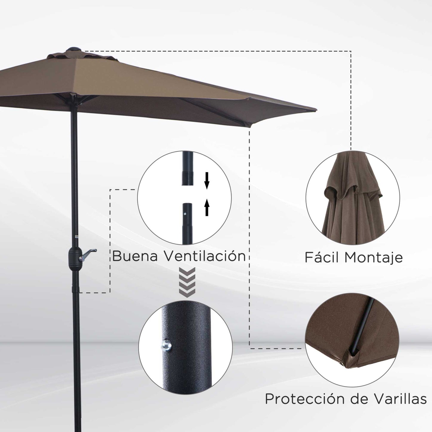 Outsunny Sombrilla 269x138x236 cm Parasol de Jardín con Manivela y Forma Semicircular para Exterior Terraza Patio Piscina Café