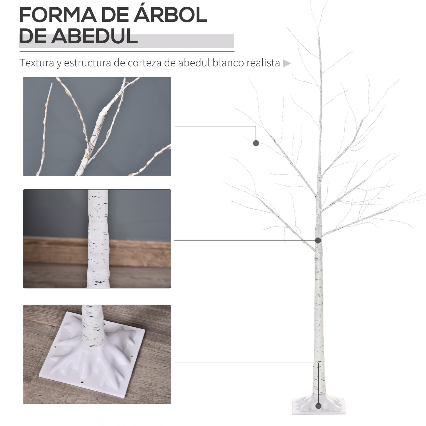 Outsunny Árbol de Abedul 150 cm de Altura con 210 Luces LED en Blanco Cálido Ramas Flexibles y Base para Decoración de Fiestas Cumpleaños Bodas 20x20x150 cm Blanco