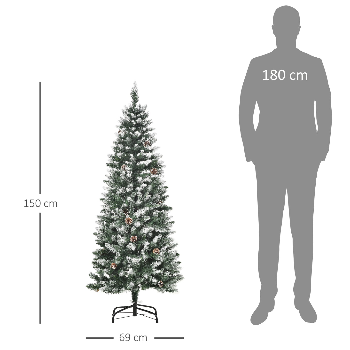 HOMCOM Árbol de Navidad Artificial Ø69x150cm con 464 Puntas de PVC y 28 Piñas Decoración de Interior con Base Plegable y Soporte de Acero Verde