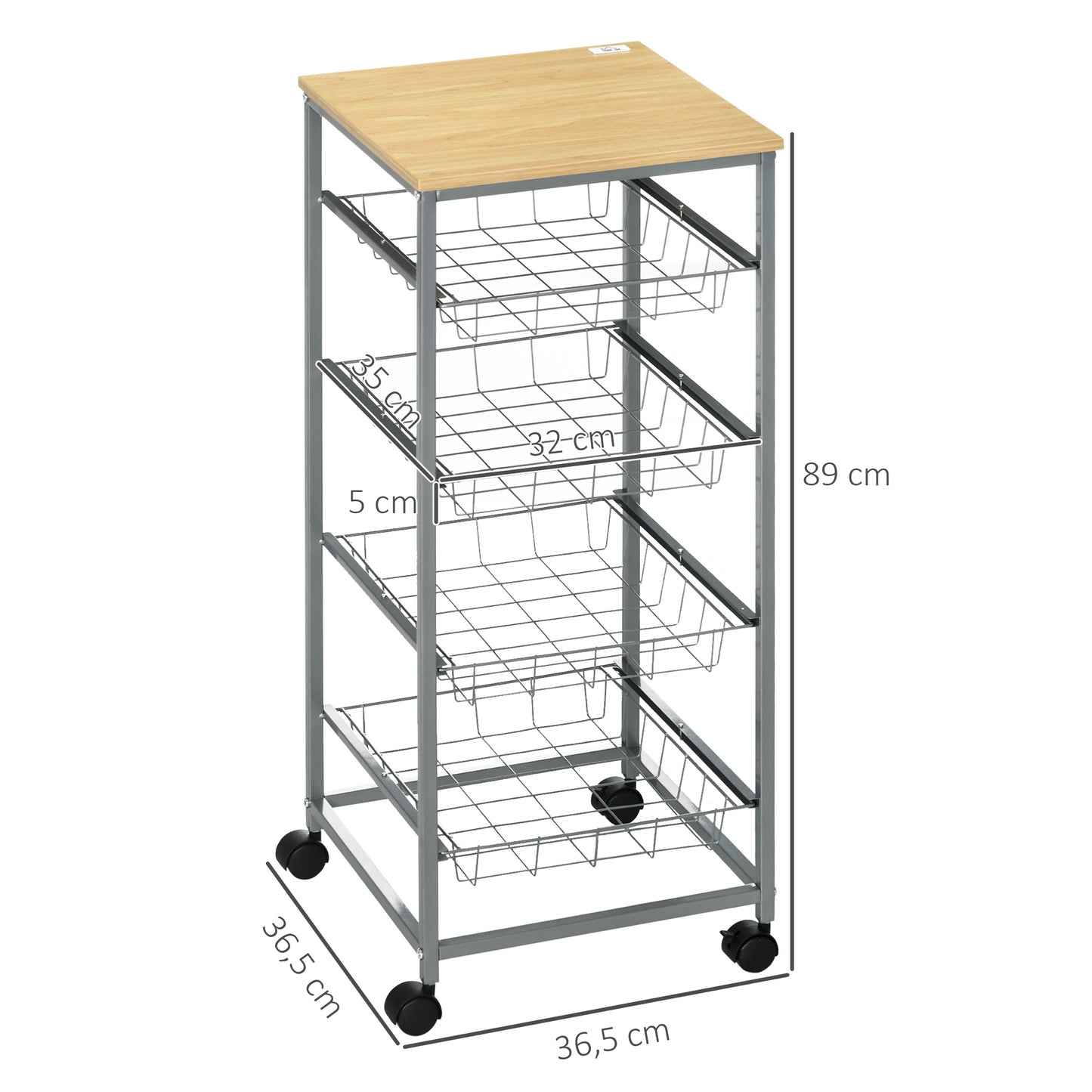 HOMCOM Carro Múltiusos de Cocina Baño con Ruedas 5 Niveles Carrito de Servicio Isla de Cocina Carrito Auxiliar Verdulero Frutero 36.5x36.5x89cm Carga 20kg