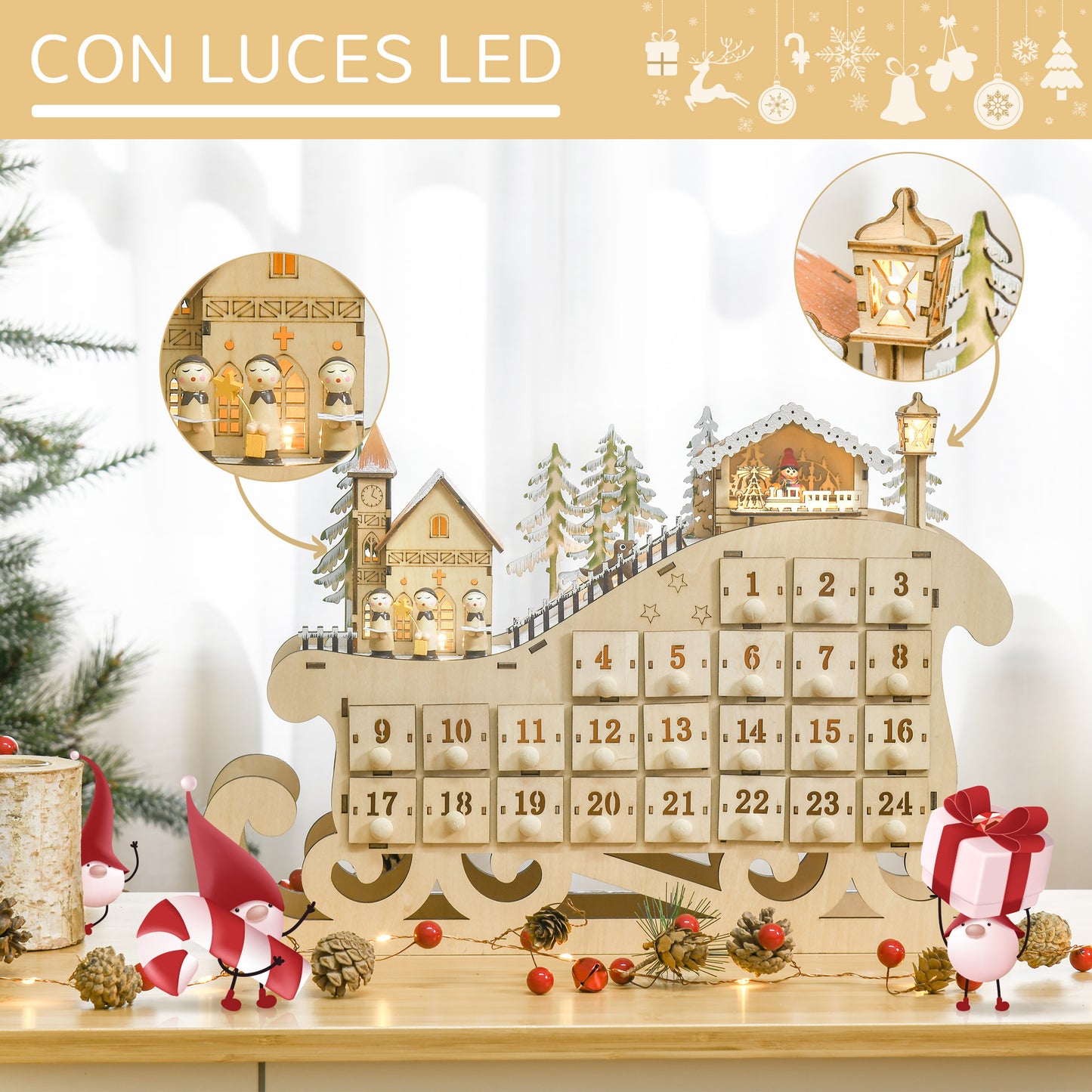 HOMCOM Calendario de Adviento de Navidad con Luces LED y 24 Cajones Decoración Navideña Modelo Trineo 45x10x31 cm Madera Natural