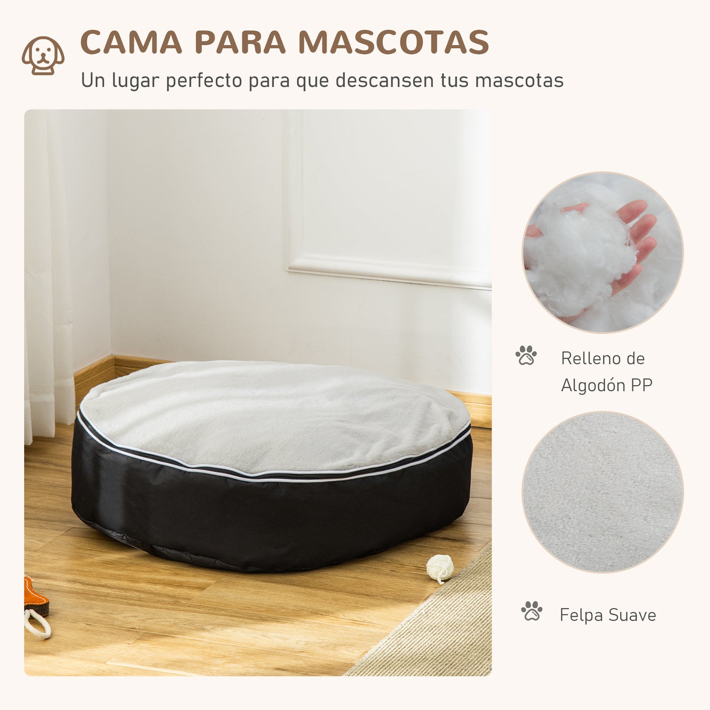 PawHut Cama para Perros y Gatos Lavable Colchón para Perros Medianos con Funda Desenfundable de Tela Oxford y Felpa Suave 80x72x18 cm Gris y Negro