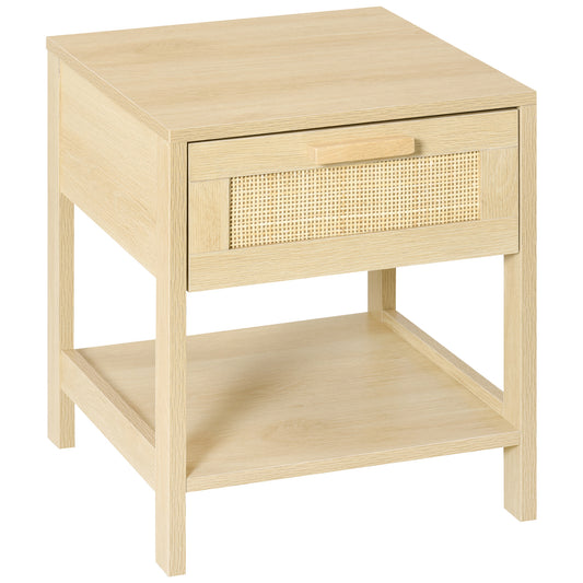 HOMCOM Mesita de Noche Mesa Auxiliar con Cajón de Ratán y Estante Inferior Base Elevada para Dormitorio Sala de Estar 40x40x48 cm Color Madera