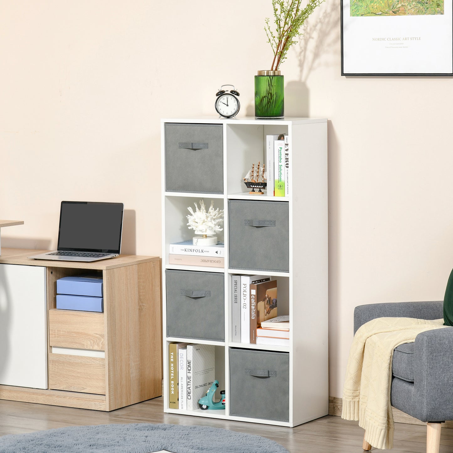 HOMCOM Estantería para Libros de 8 Cubos Librería Modular con 4 Cajones Extraíbles de Tela no Tejida para Oficina Estudio Dormitorio 61,5x30x121,6 cm Blanco y Gris